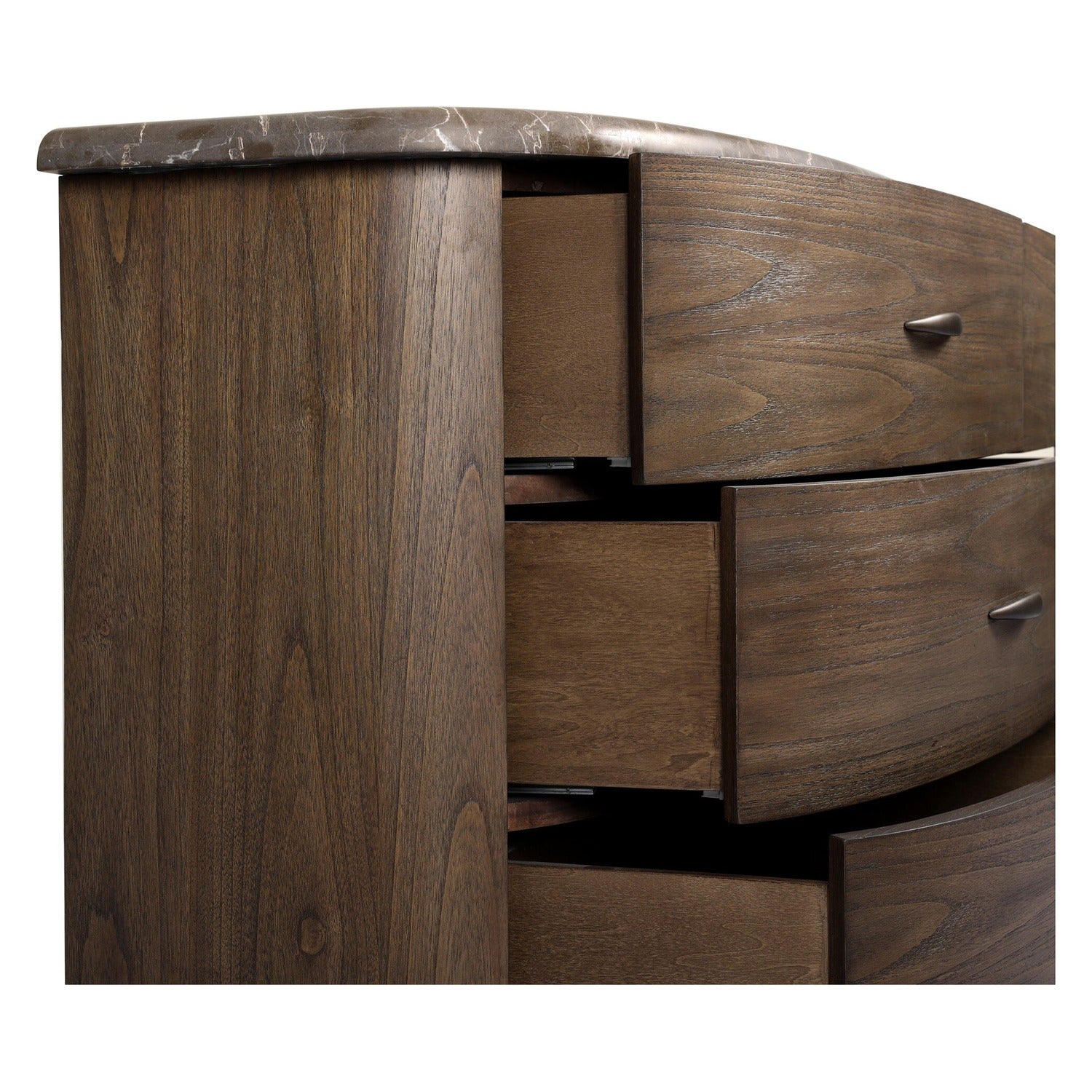 Four Hands Tovae Stained Saddle Brown Dresser with honed coffee marble top, close-up detail of aged brass hardware, view 1
