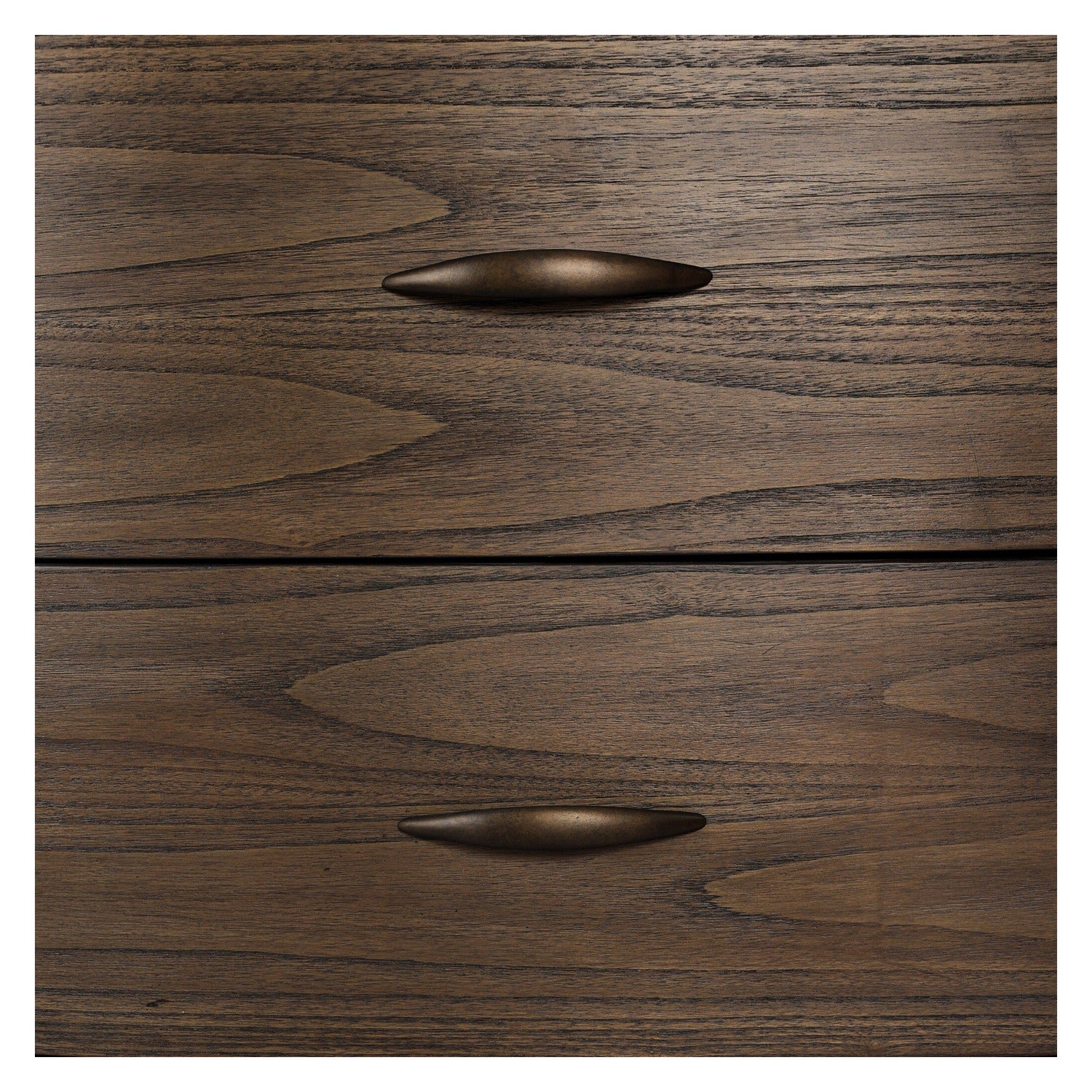 Four Hands Tovae Stained Saddle Brown Dresser with honed coffee marble top, close-up detail of aged brass hardware, view 2