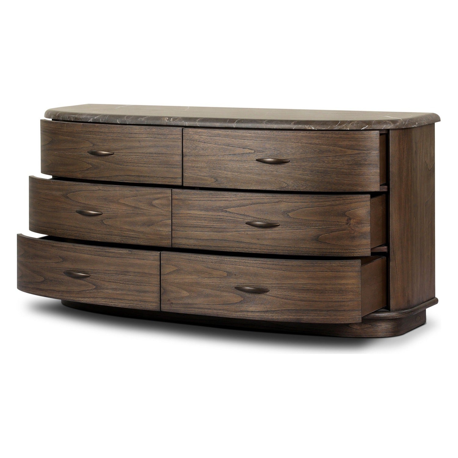 Four Hands Tovae Stained Saddle Brown Dresser with honed coffee marble top, top drawers open view