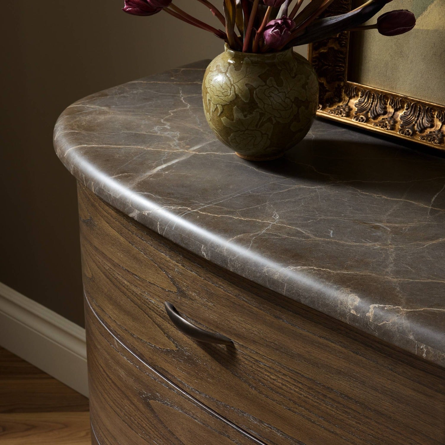 Four Hands Tovae Stained Saddle Brown Dresser with honed coffee marble top, alternate styled view
