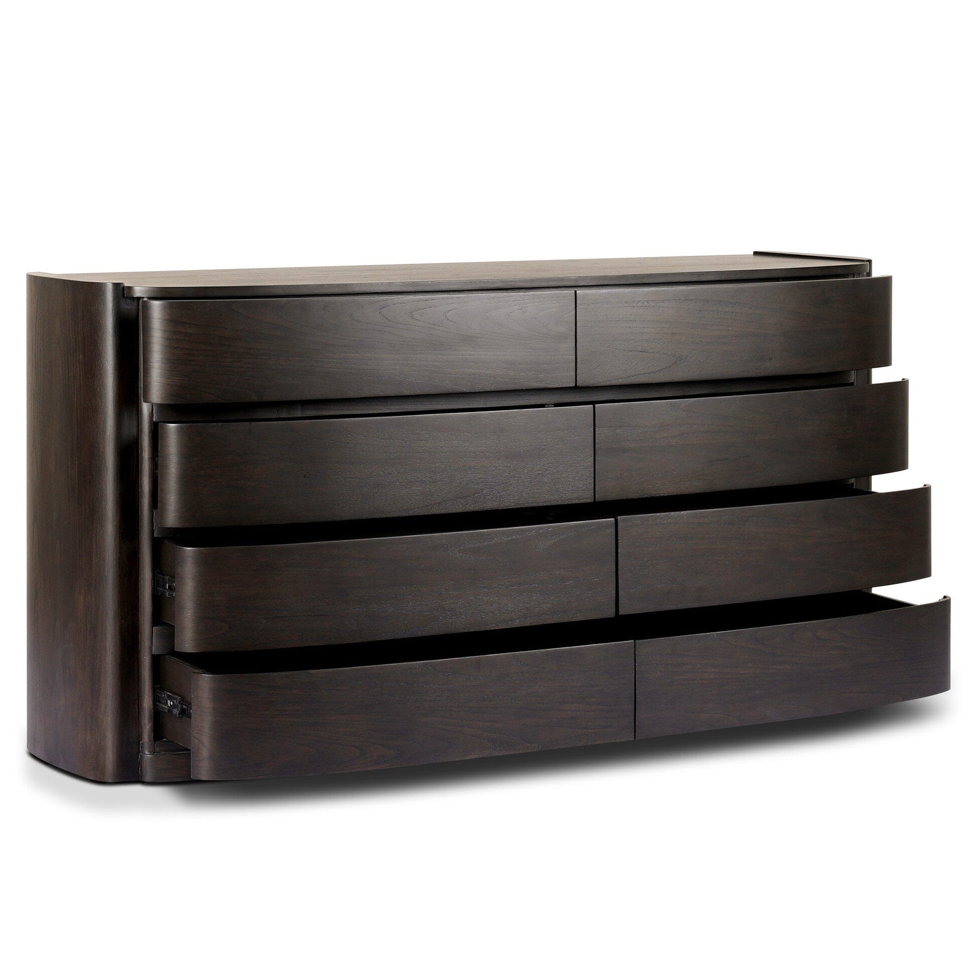 Four Hands Greer Smoked Black Sungkai 8 Drawer Dresser shown with doors open