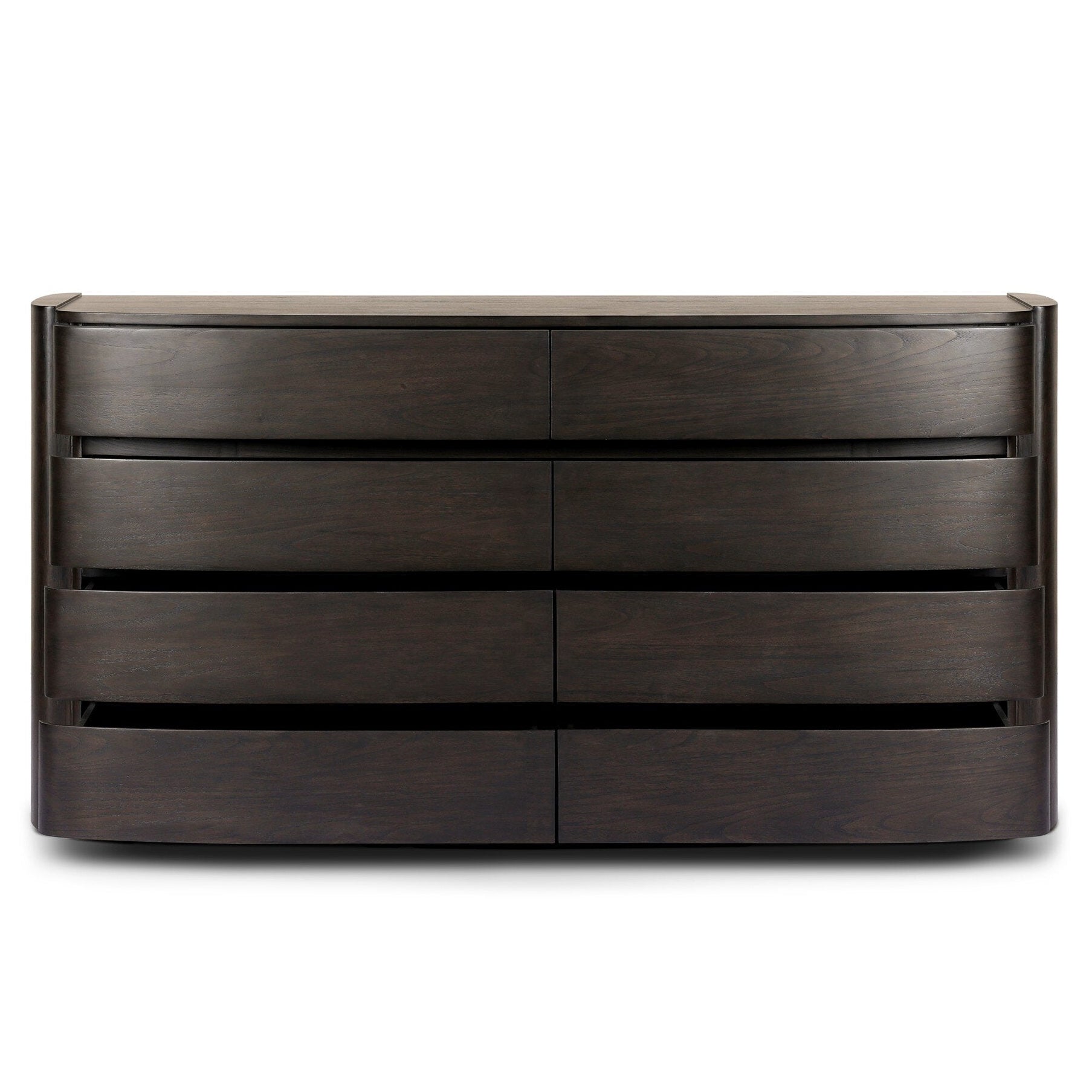 Four Hands Greer Smoked Black Sungkai 8 Drawer Dresser shown with doors open 2