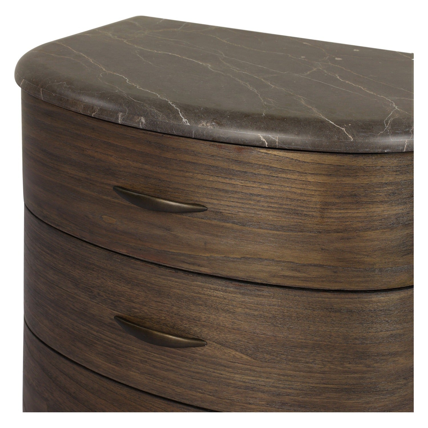 Four Hands Tovae Honed Coffee Marble Nightstand on saddle brown sungkai, close-up detail of sungkai grain, view 1