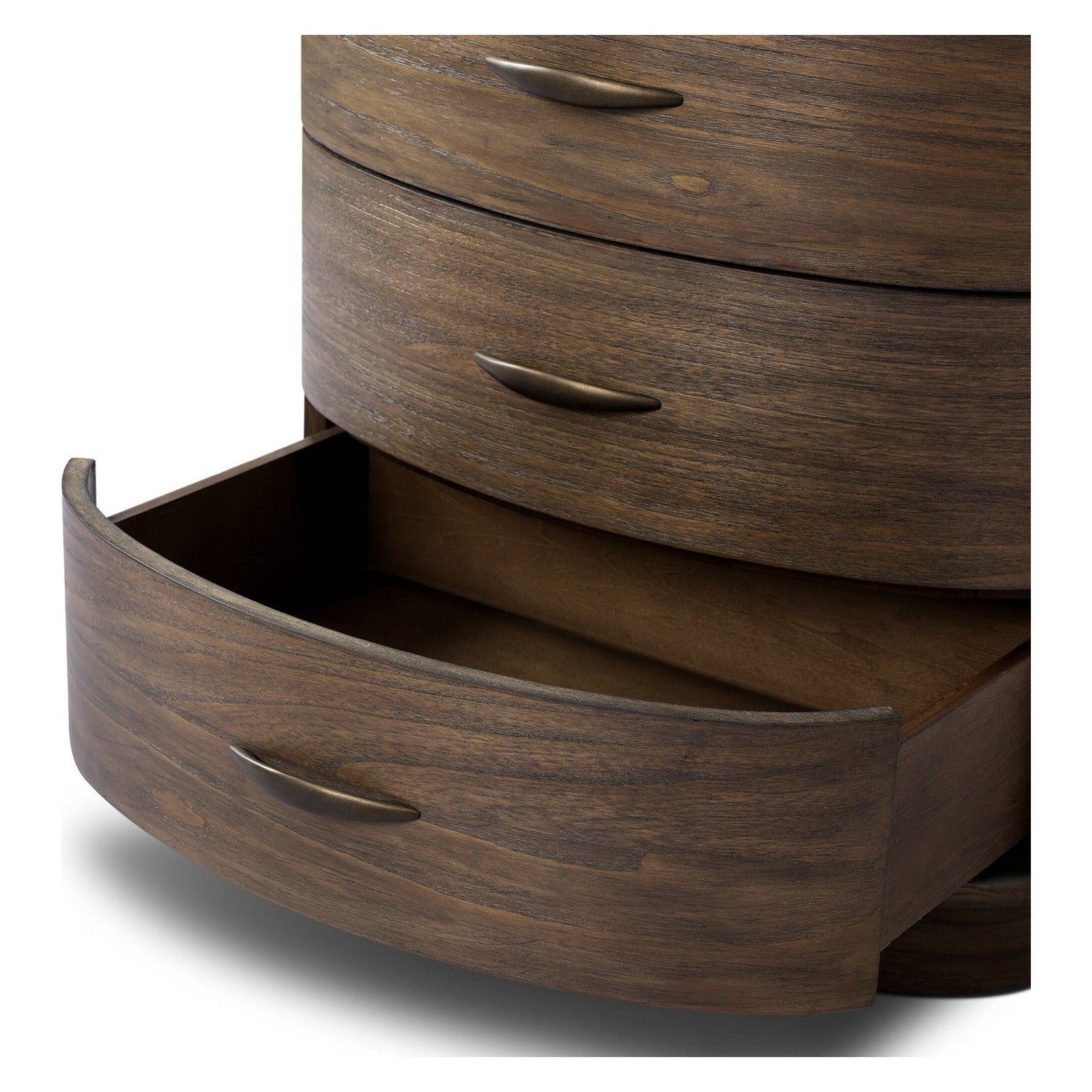 Four Hands Tovae Honed Coffee Marble Nightstand on saddle brown sungkai, close-up detail of marble top, view 2