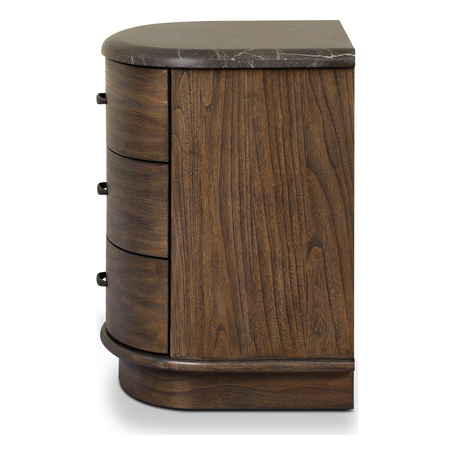 Four Hands Tovae Honed Coffee Marble Nightstand on saddle brown sungkai, side profile view