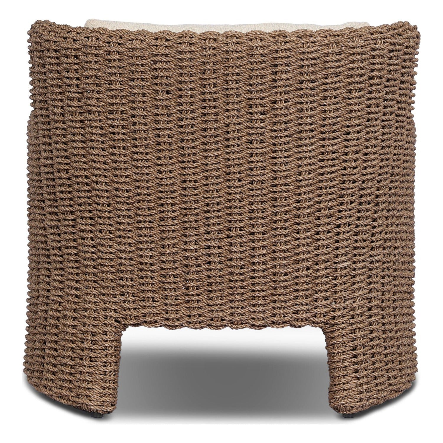 Four Hands Vaughn Vada Cream Outdoor Chair in double-twist woven umber with boucle cushion, back view showing woven structure