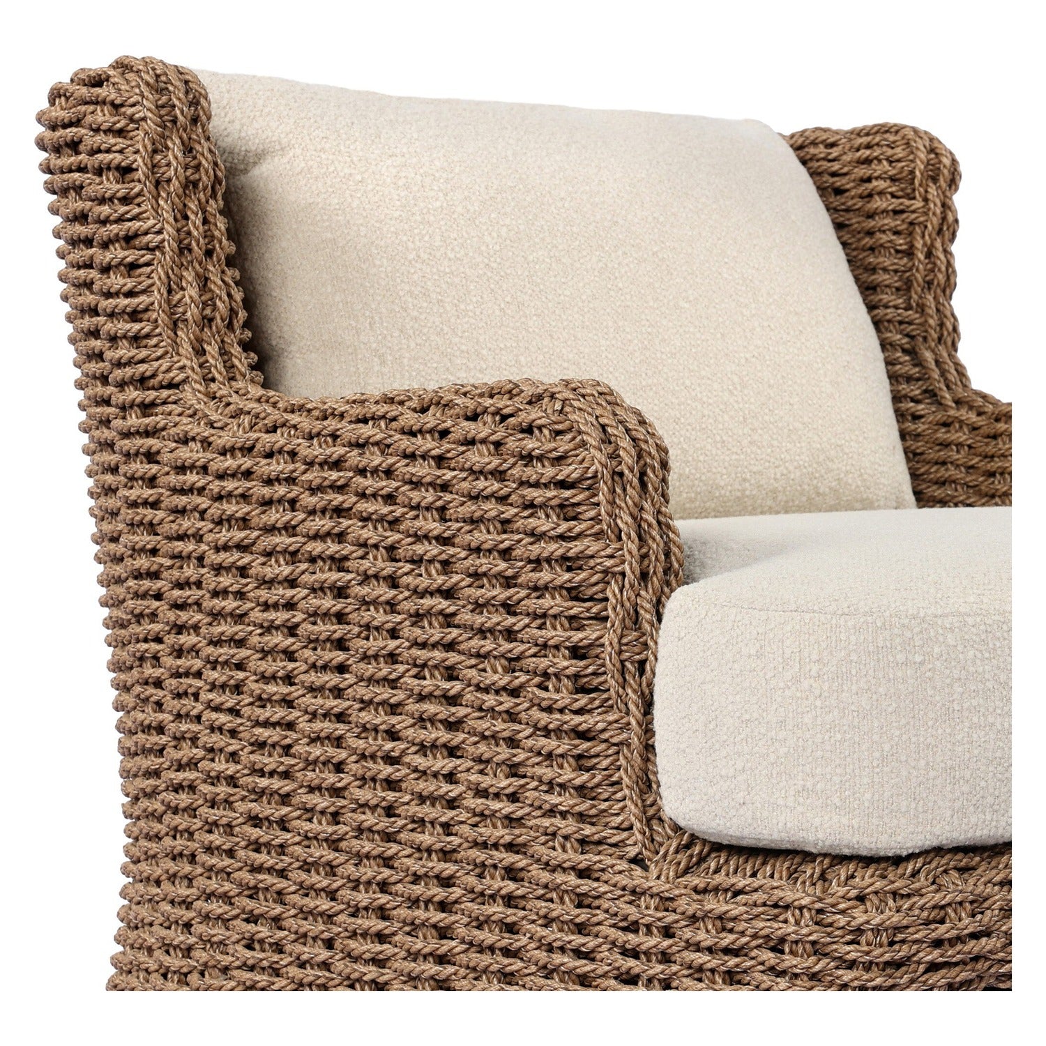 Four Hands Vaughn Vada Cream Outdoor Chair in double-twist woven umber with boucle cushion, close-up detail of woven texture, view 1