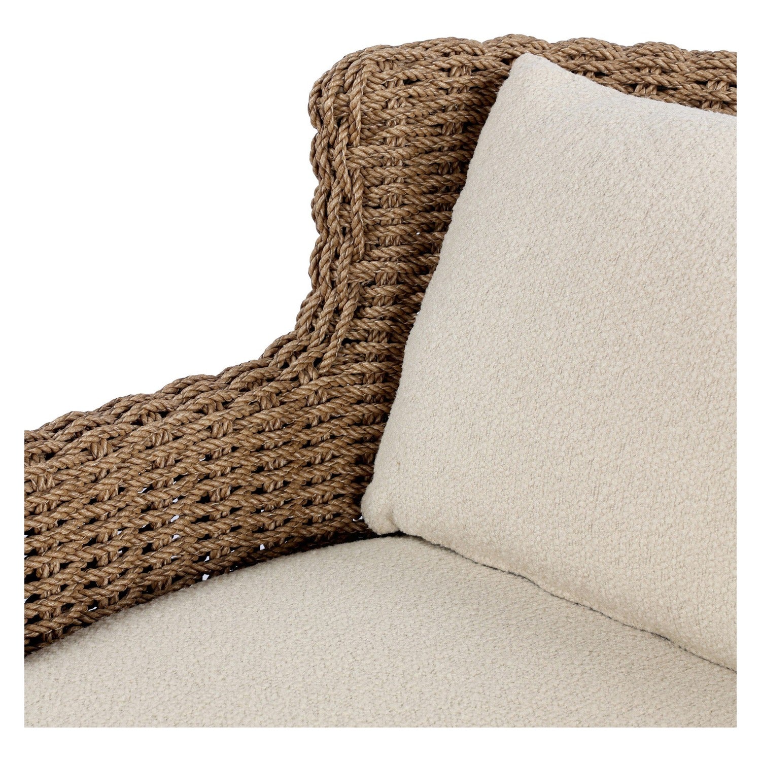 Four Hands Vaughn Vada Cream Outdoor Chair in double-twist woven umber with boucle cushion, close-up detail of woven texture, view 2