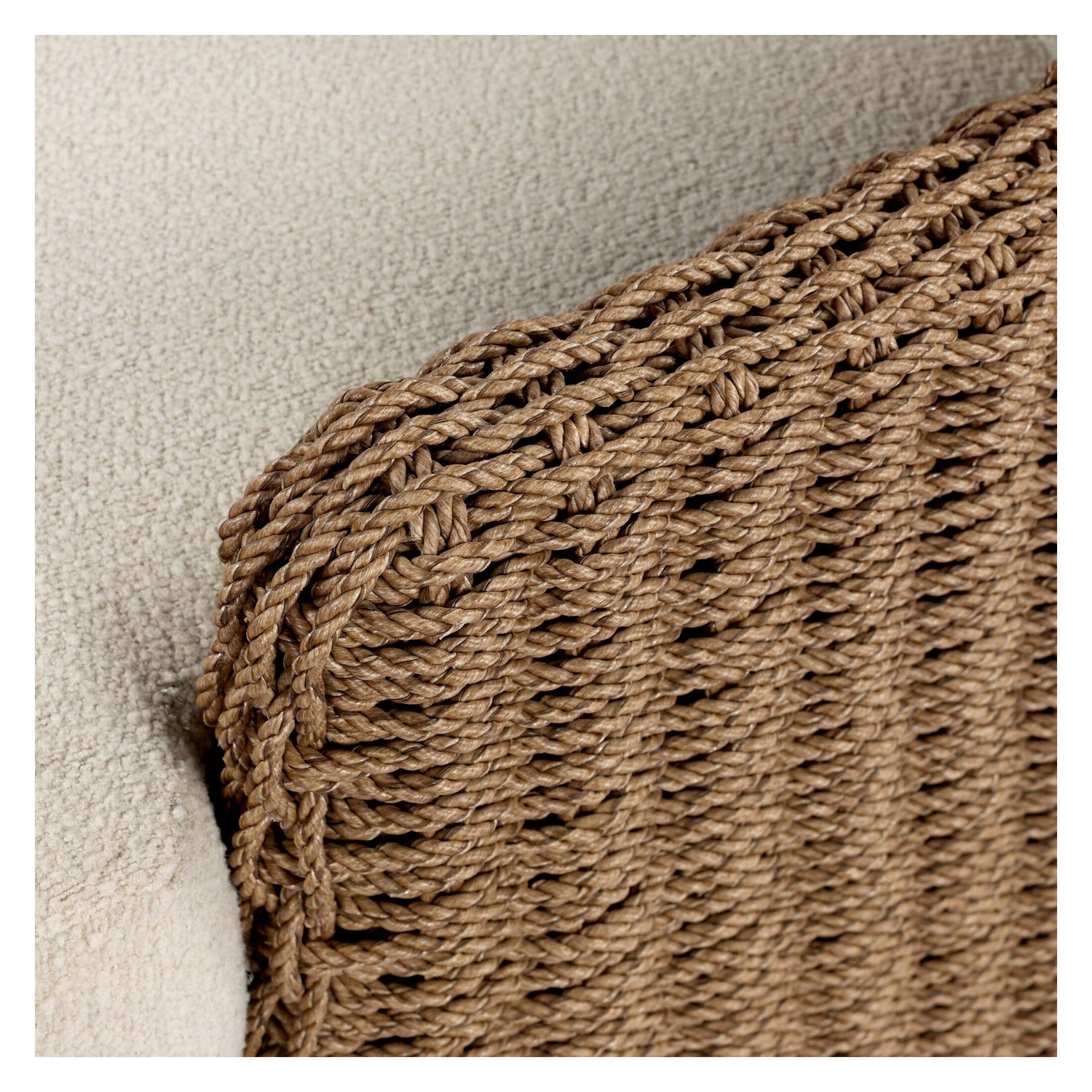 Four Hands Vaughn Vada Cream Outdoor Chair in double-twist woven umber with boucle cushion, close-up detail of boucle cushion, view 2