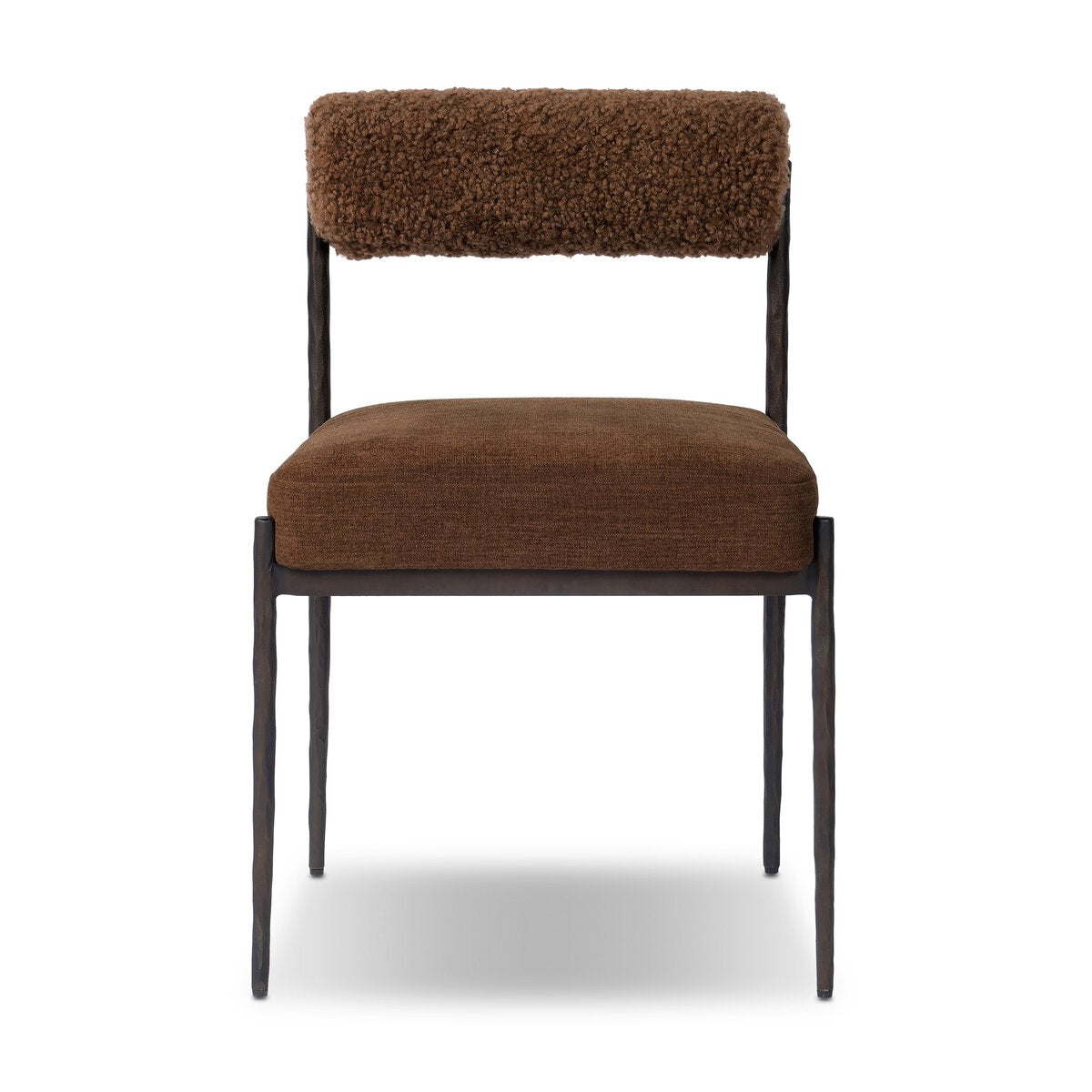 Four Hands Jazelle Laughlin Ochre Metal Dining Chair with amber shearling seat, front view