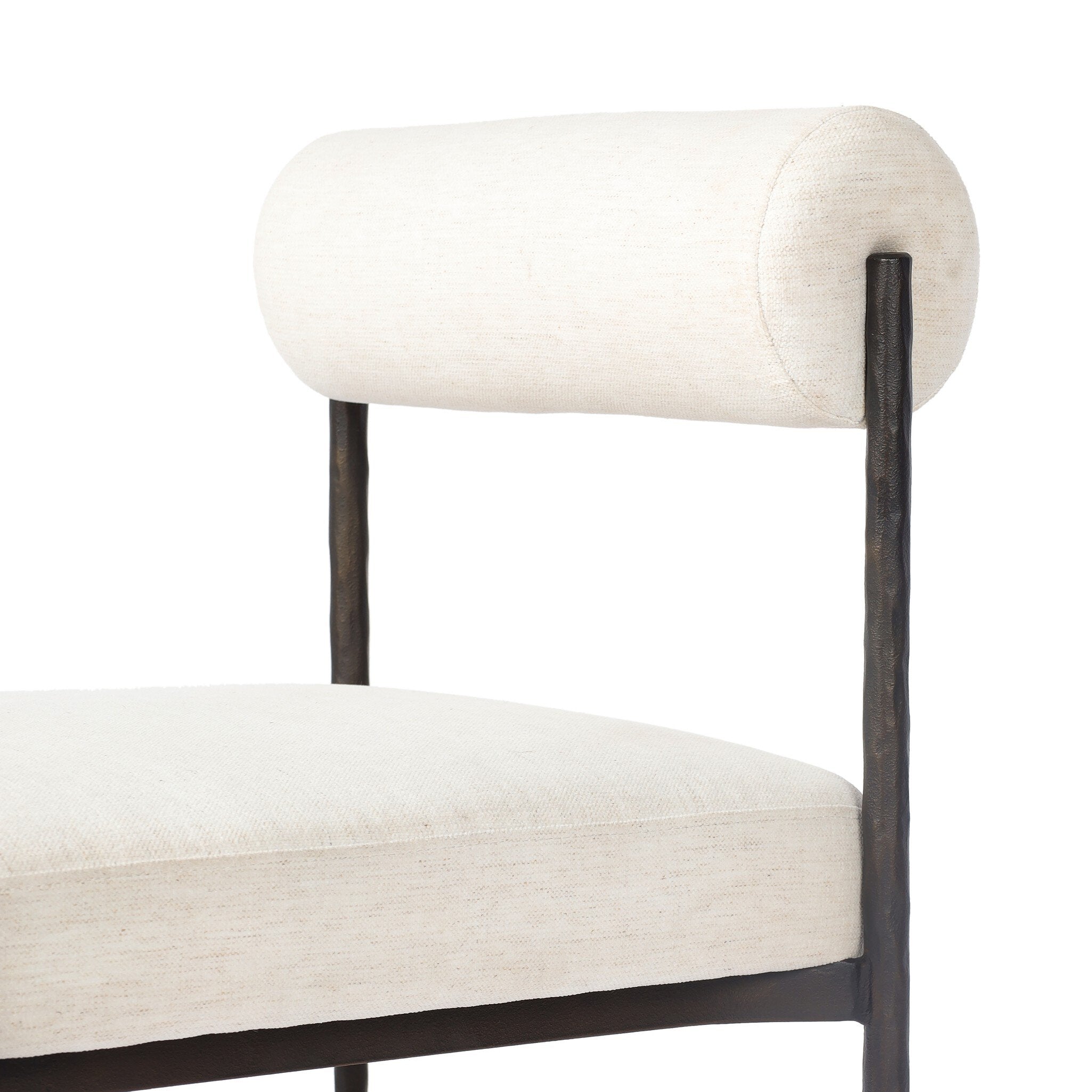 Four Hands Jazelle Crypton Nomad Snow Metal Dining Chair Set of 2 with hammered black iron frame, close-up detail of fabric, view 2
