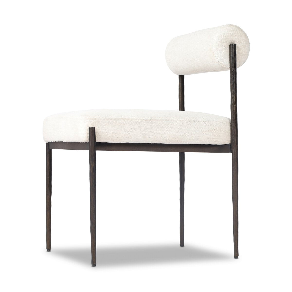 Four Hands Jazelle Crypton Nomad Snow Metal Dining Chair Set of 2 with hammered black iron frame, close-up detail of iron frame