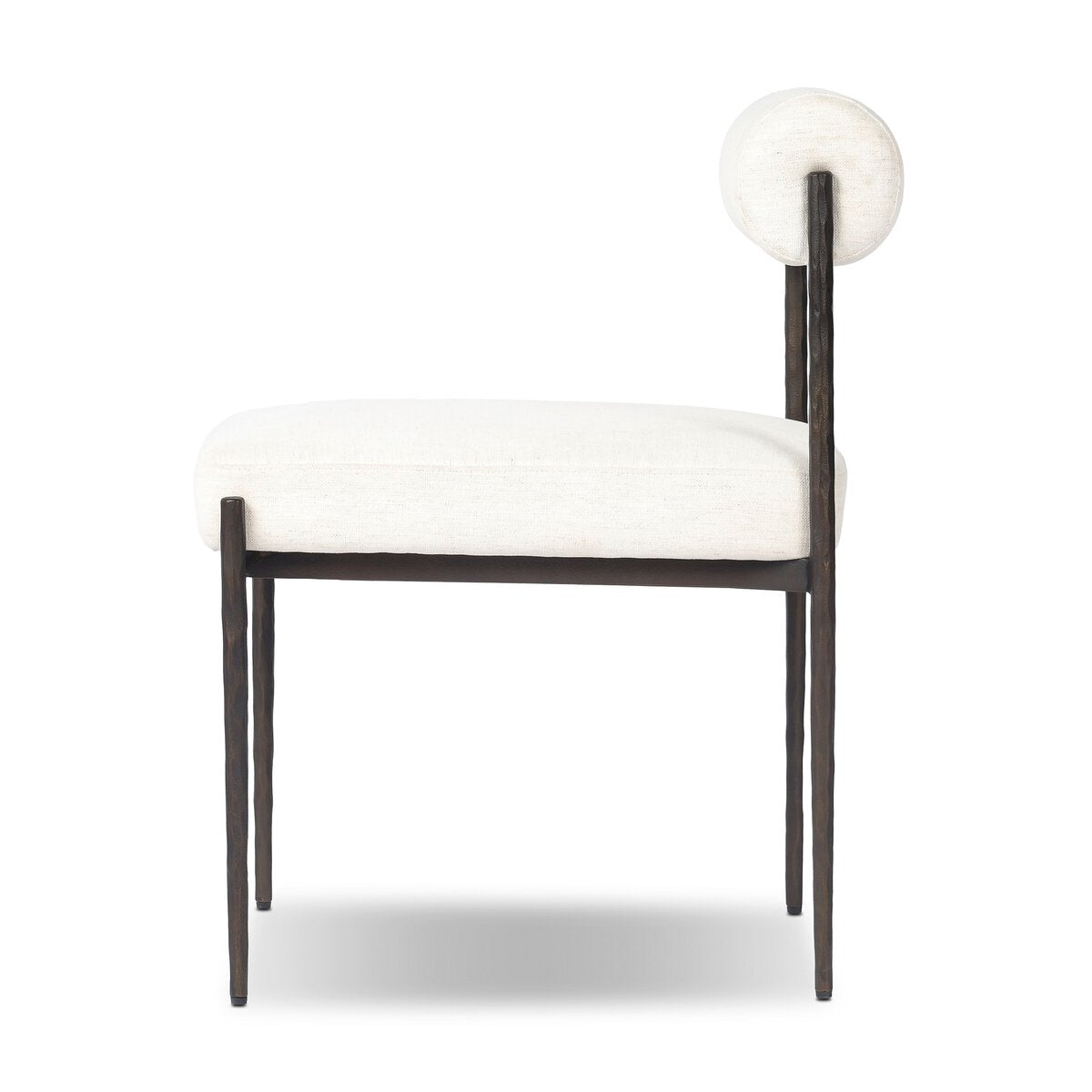 Four Hands Jazelle Crypton Nomad Snow Metal Dining Chair Set of 2 with hammered black iron frame, side profile view