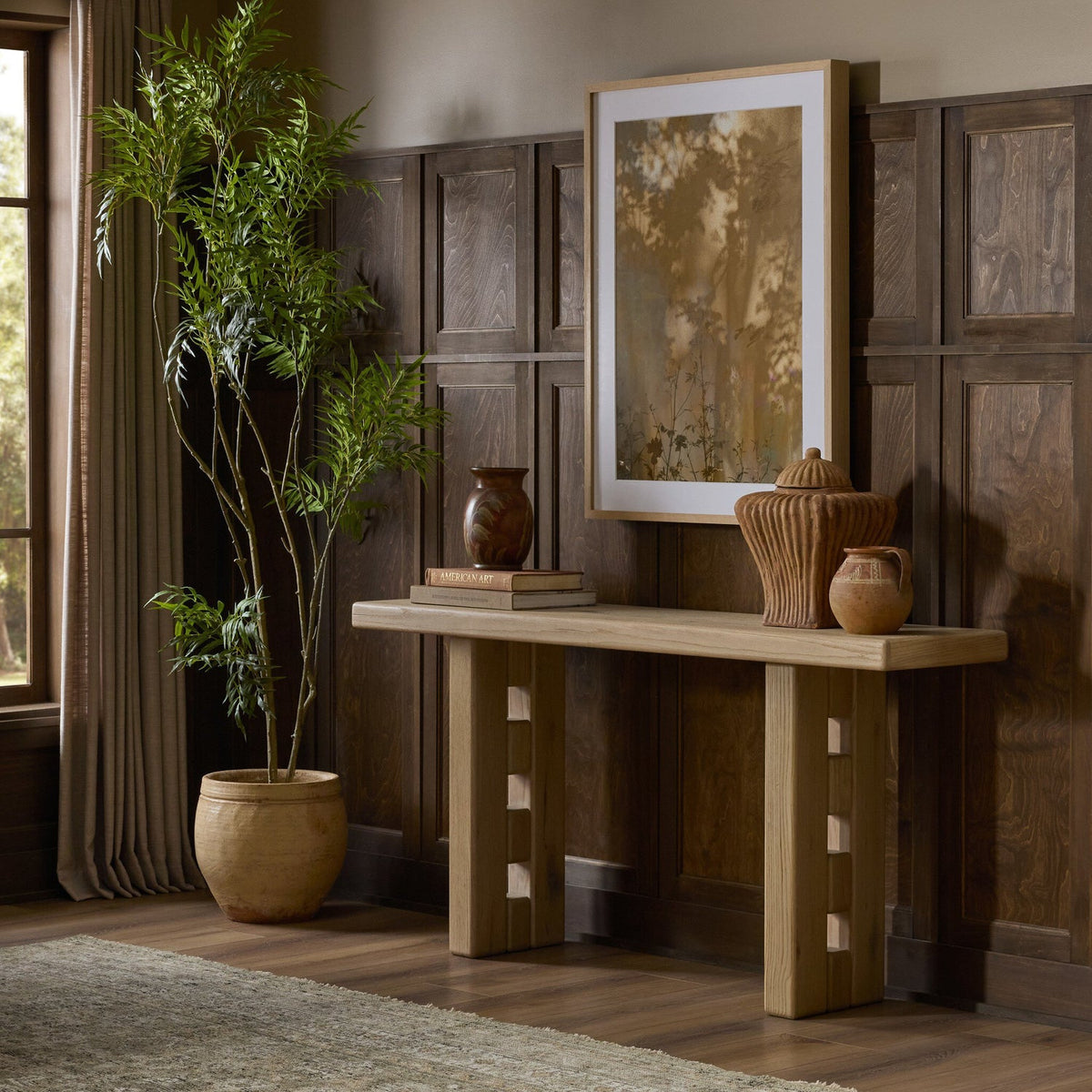 Four Hands Ottie Bleached Oak Console Table — in a styled room setting