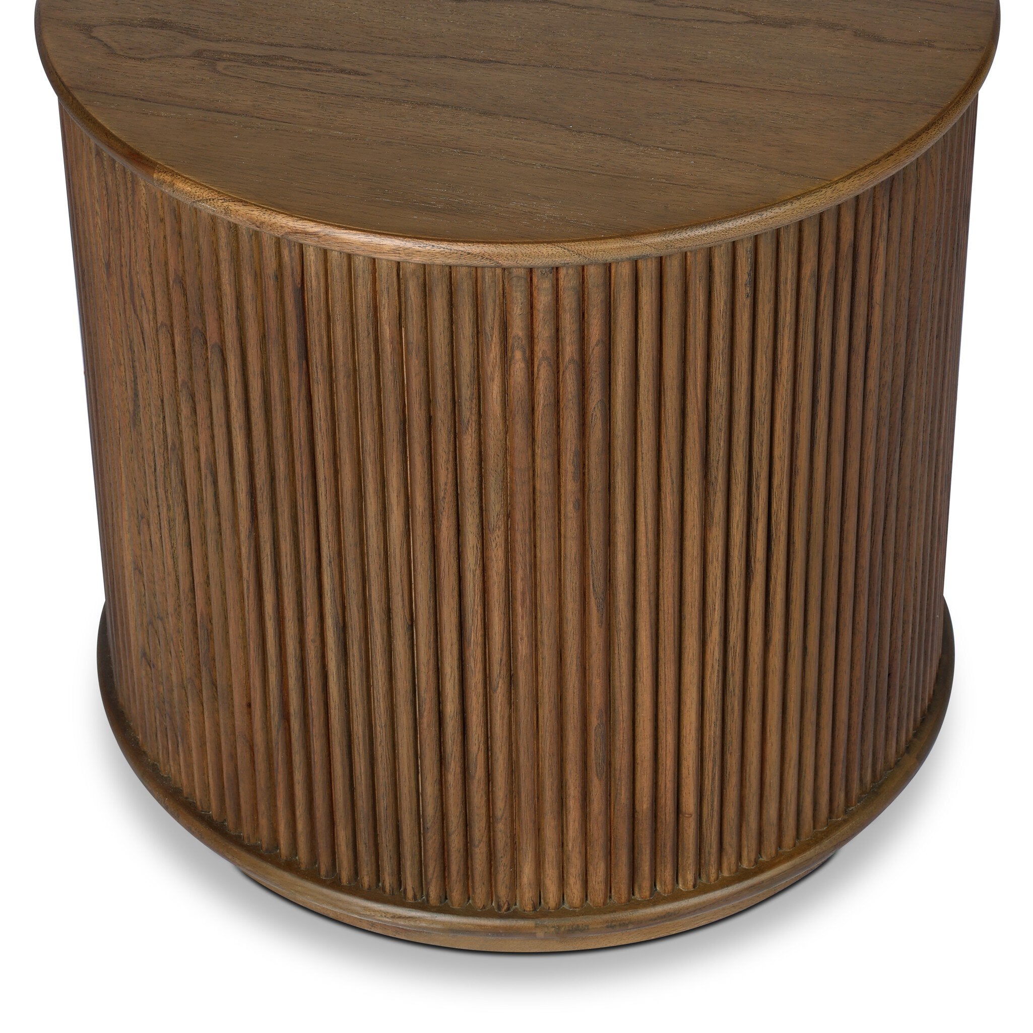 Four Hands Ona End Table in amber mindi veneer with carved reeding, close-up detail of reeding, view 2