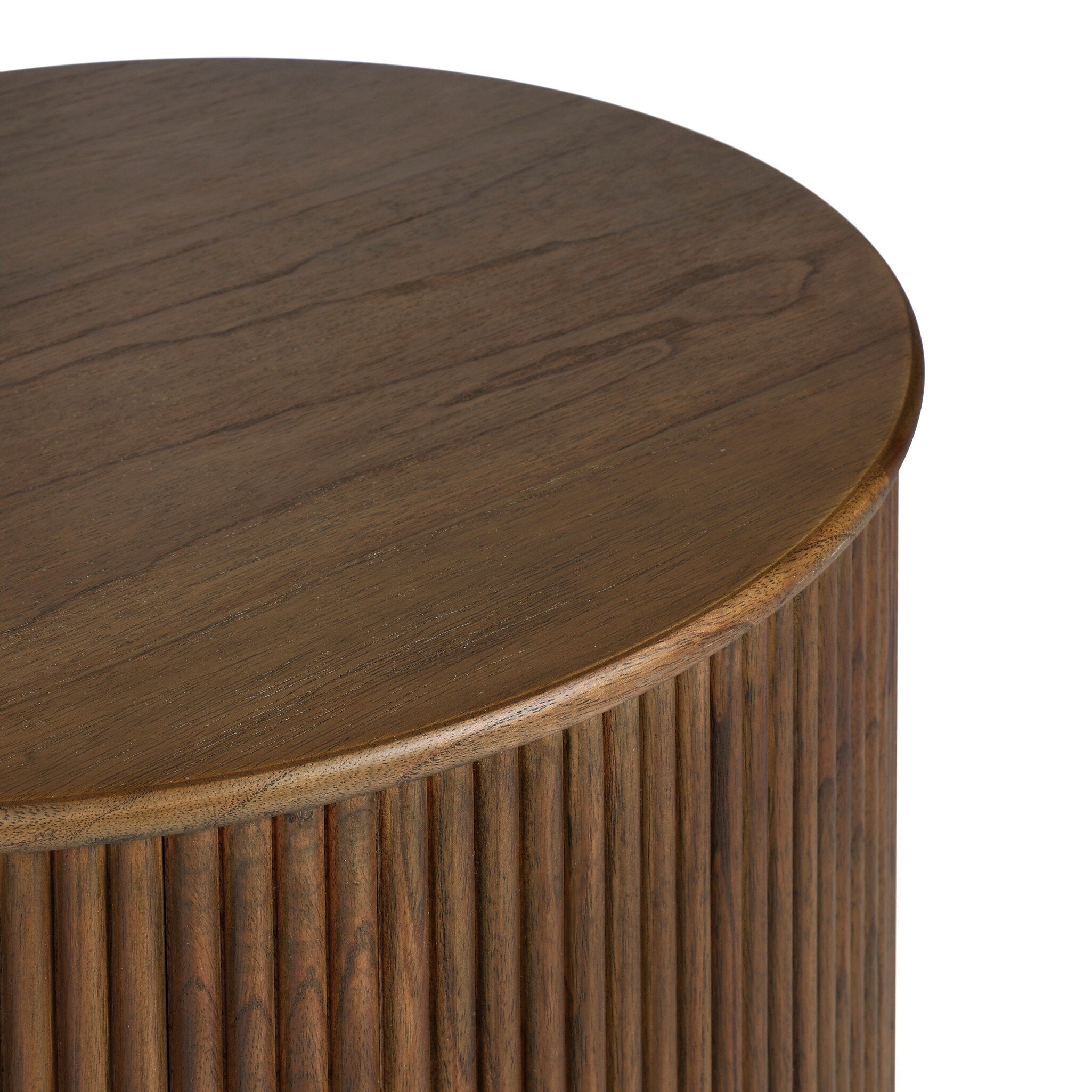 Four Hands Ona End Table in amber mindi veneer with carved reeding, close-up detail of reeding, view 4