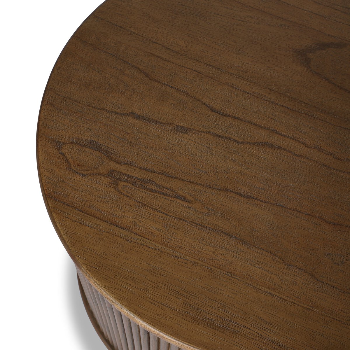 Four Hands Ona End Table in amber mindi veneer with carved reeding, close-up detail of reeding, view 3