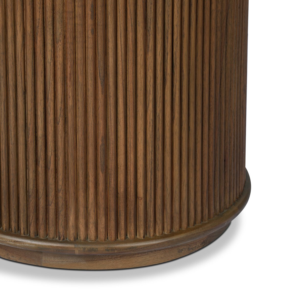 Four Hands Ona End Table in amber mindi veneer with carved reeding, close-up detail of reeding, view 5