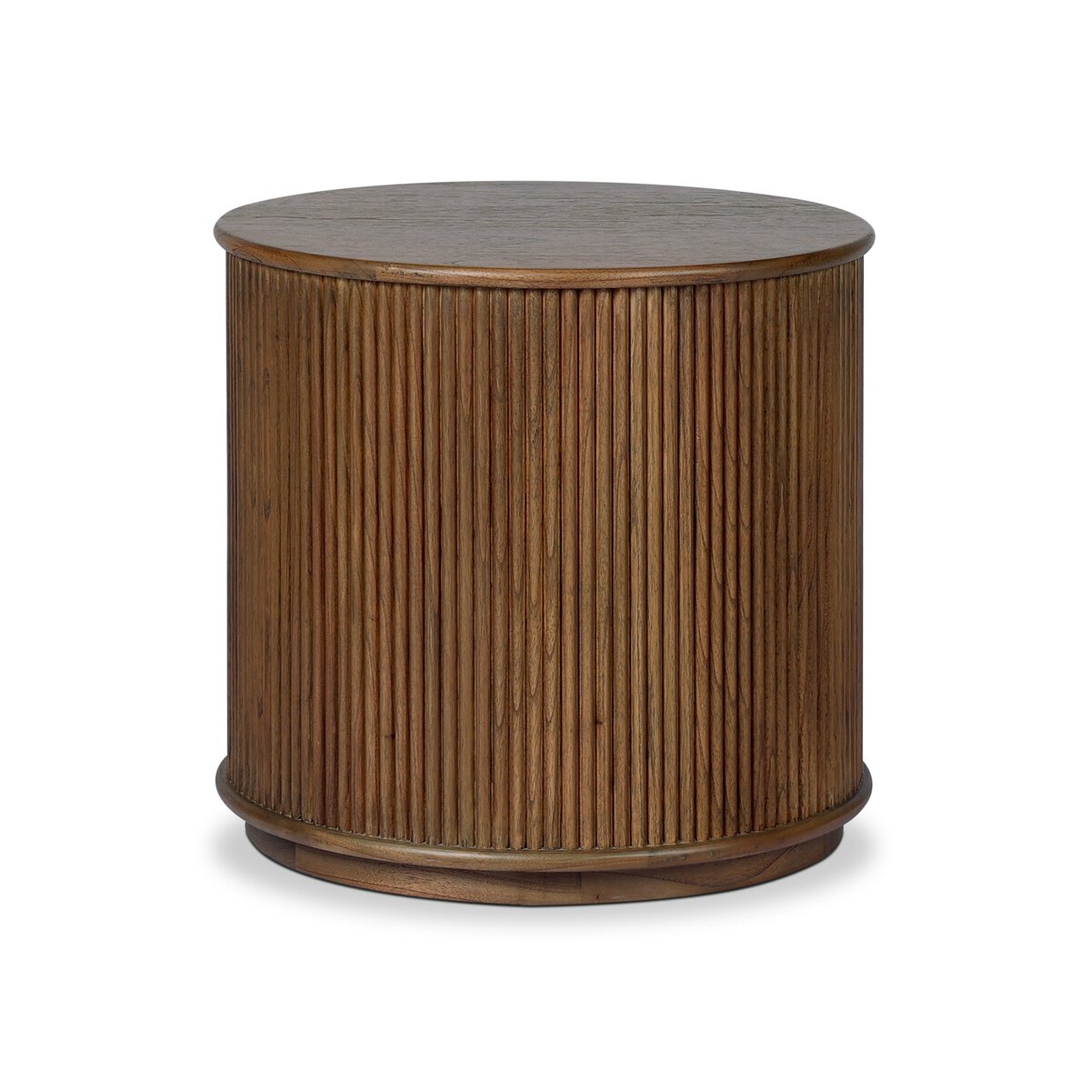 Four Hands Ona End Table in amber mindi veneer with carved reeding, front view