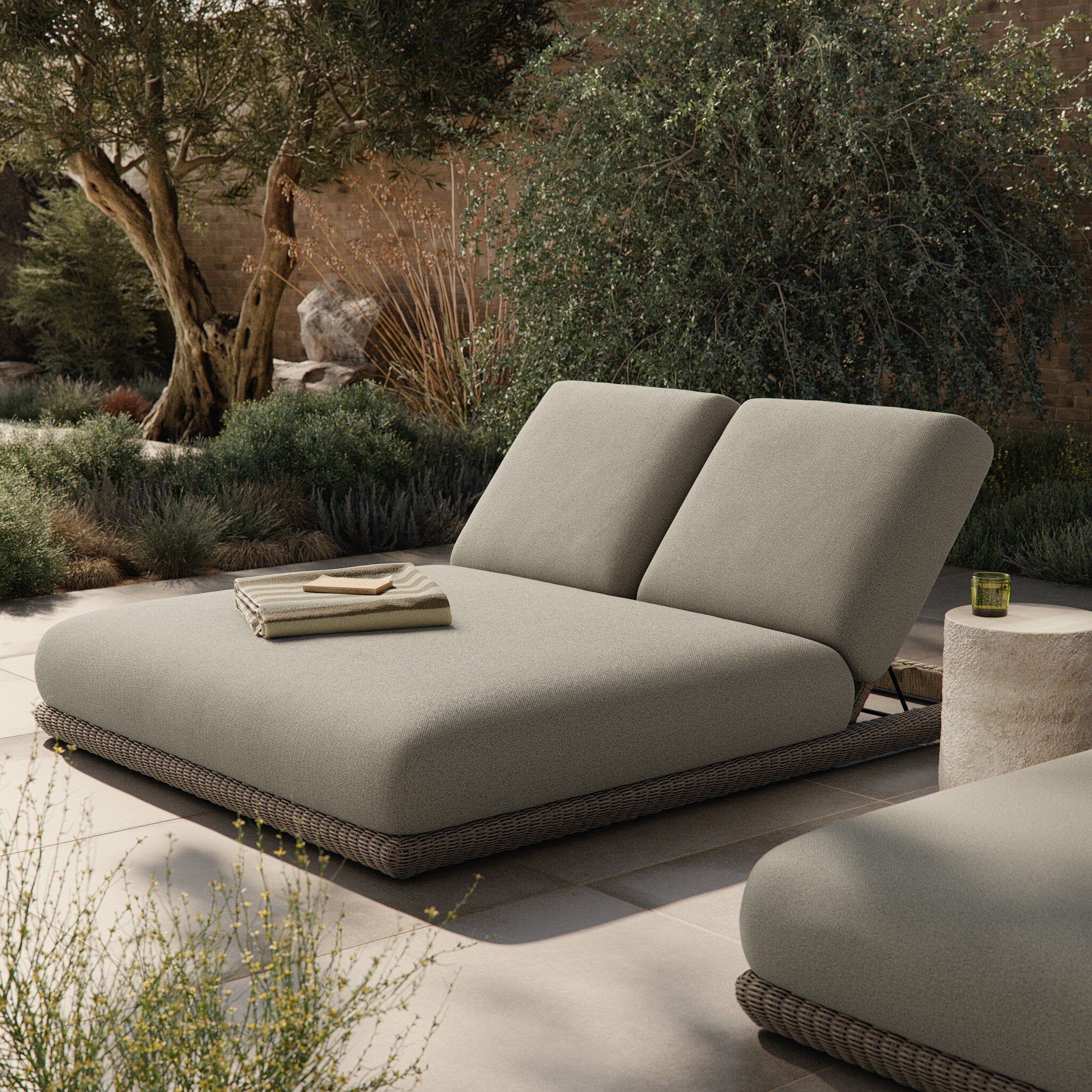 Four Hands Evander Ramiro Ecru Outdoor Double Chaise — in a styled room setting