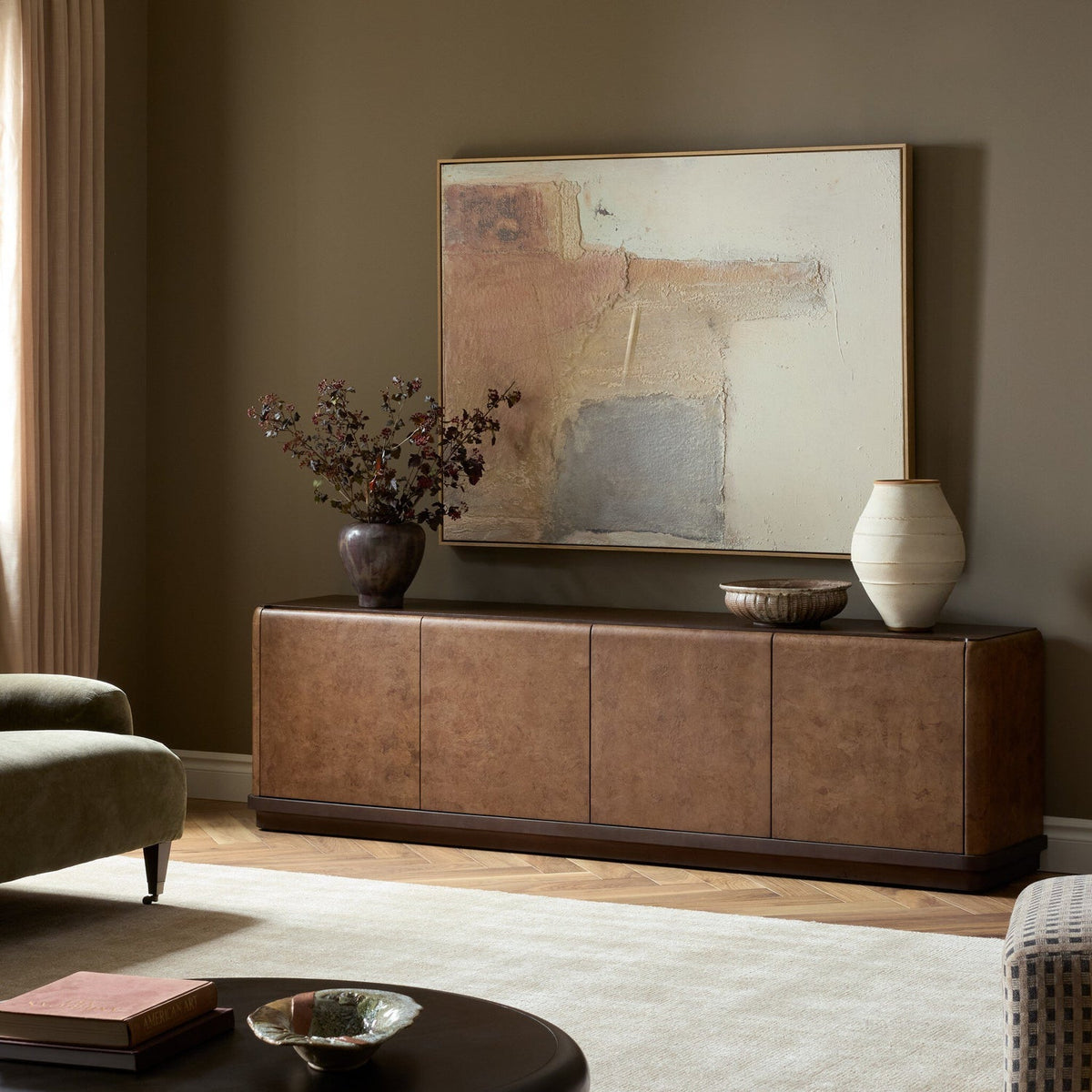 Four Hands Cambros Dark Bark Paper Media Console — in a styled room setting