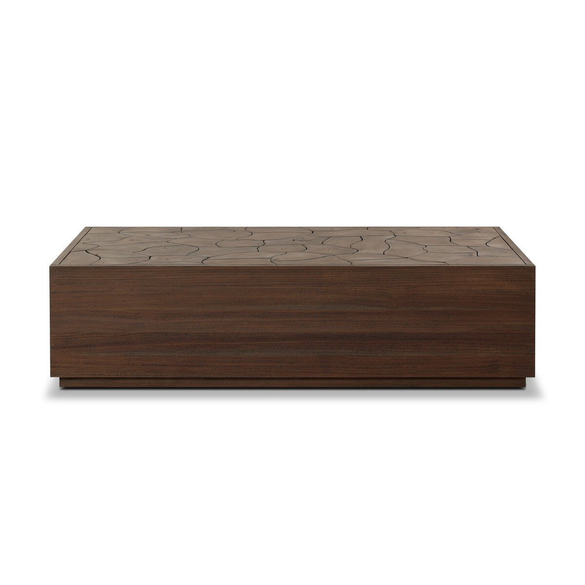 Four Hands Ridge Rectangular Outdoor Coffee Table in teak root mosaic, back view