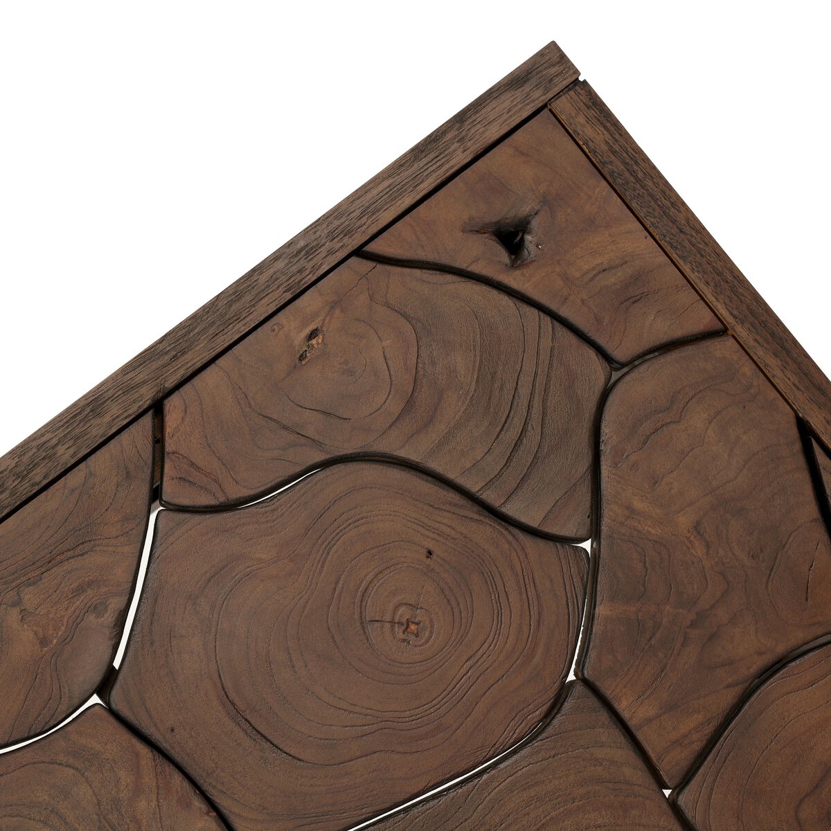Four Hands Ridge Rectangular Outdoor Coffee Table in teak root mosaic, close-up detail of teak root, view 4