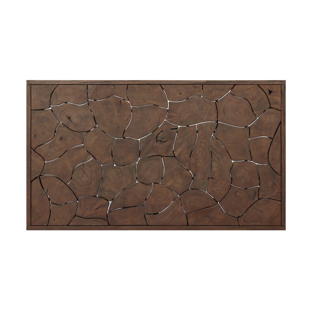 Four Hands Ridge Rectangular Outdoor Coffee Table in teak root mosaic, top surface showing mosaic pattern