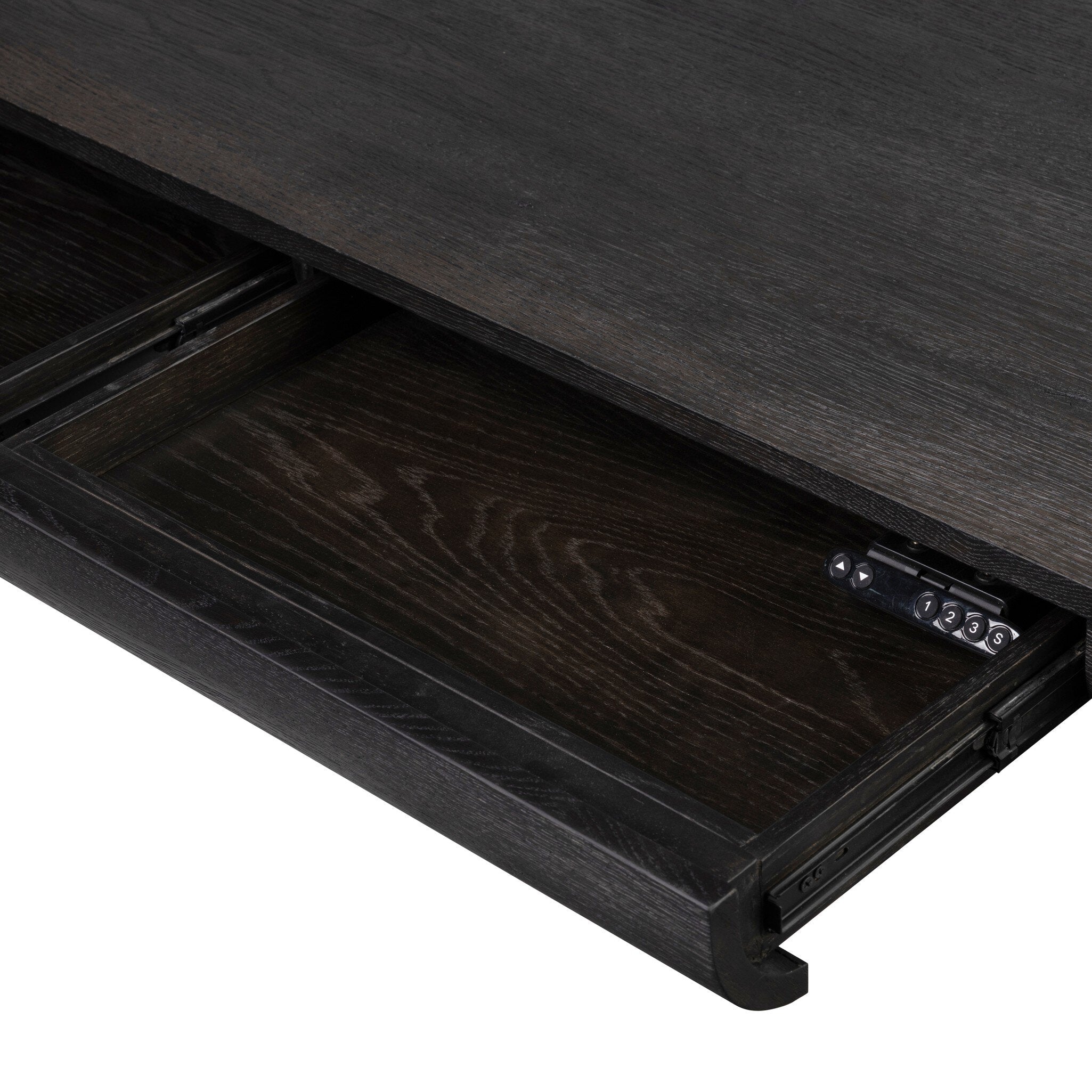 Four Hands Taylor Worn Black Oak Standing Desk — surface texture