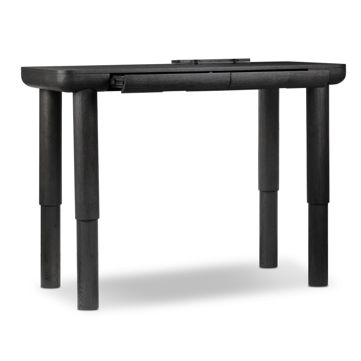 Four Hands Taylor Worn Black Oak Standing Desk shown open