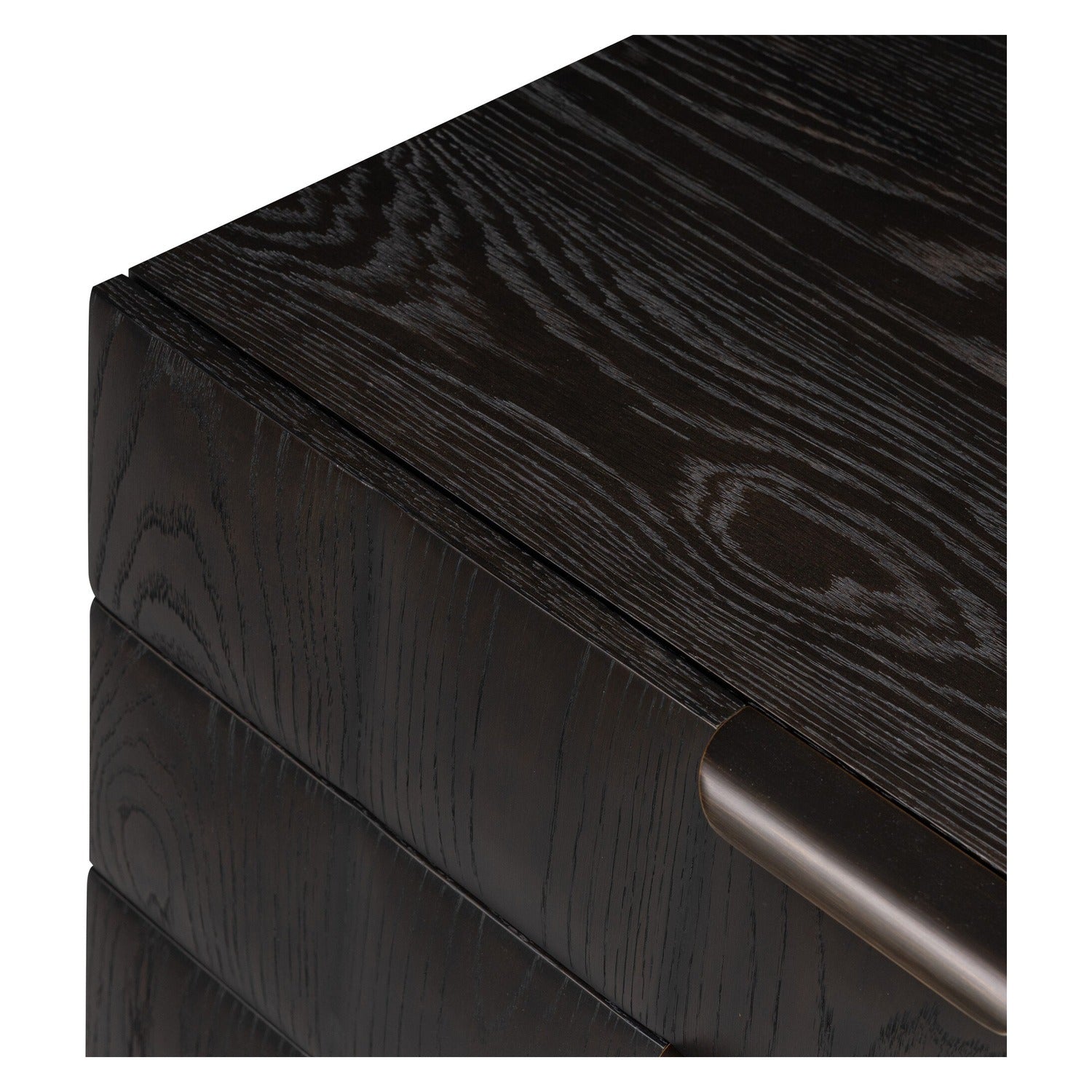 Four Hands Swell Dry Black Oak Nightstand with CNC-carved grid on pedestal base, close-up detail of grid carving, view 1