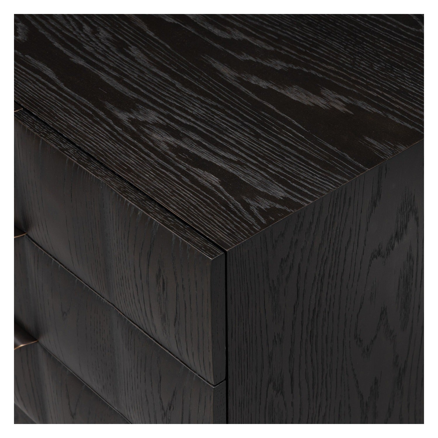 Four Hands Swell Dry Black Oak Nightstand with CNC-carved grid on pedestal base, close-up detail of grid carving, view 2