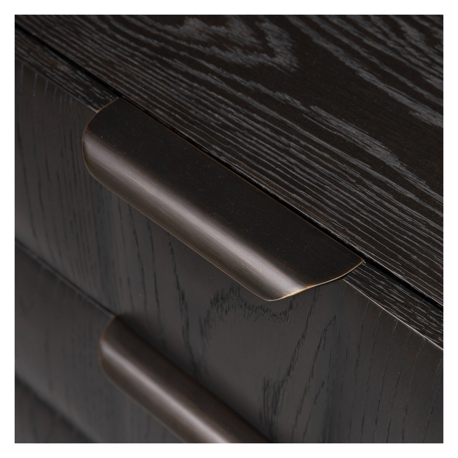 Four Hands Swell Dry Black Oak Nightstand with CNC-carved grid on pedestal base, close-up detail of grid carving, view 3