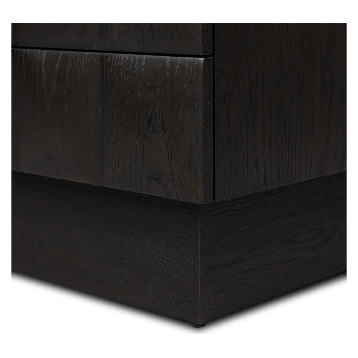 Four Hands Swell Dry Black Oak Nightstand with CNC-carved grid on pedestal base, close-up detail of aluminum hardware