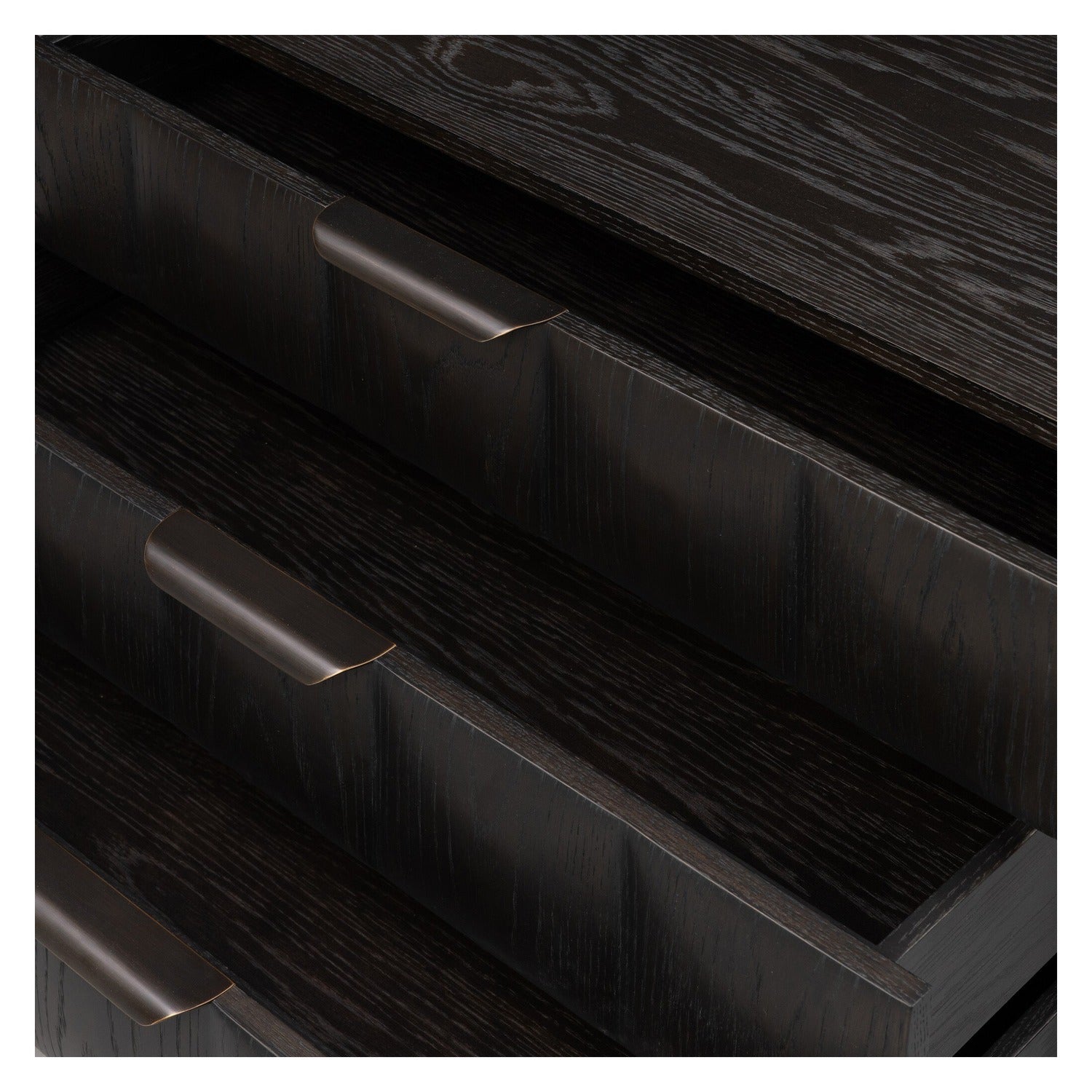 Four Hands Swell Dry Black Oak Nightstand with CNC-carved grid on pedestal base, close-up detail of grid carving, view 4