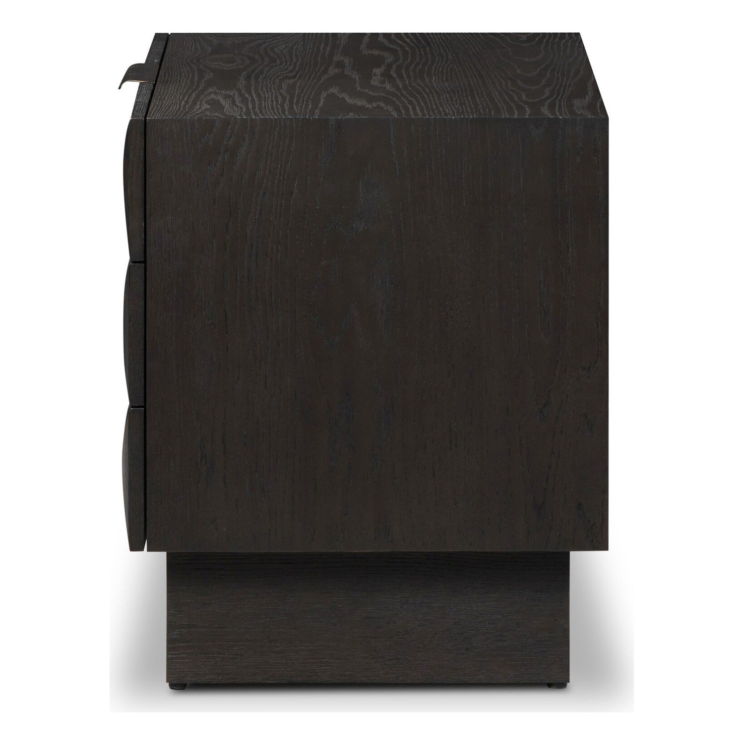 Four Hands Swell Dry Black Oak Nightstand with CNC-carved grid on pedestal base, side profile view