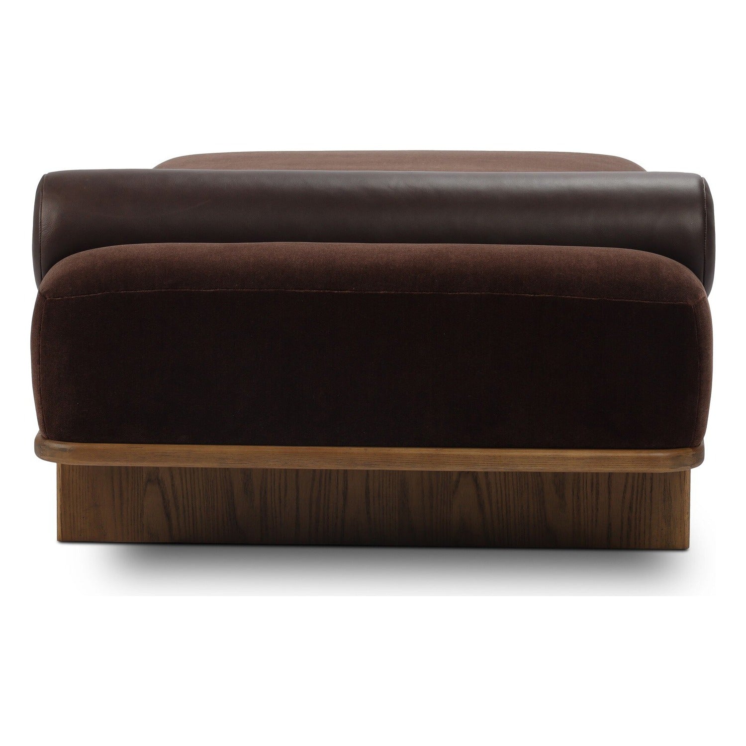 Four Hands Teia Monte Chocolate Chaise with wool-leather mix on drifted ash ski legs, back view