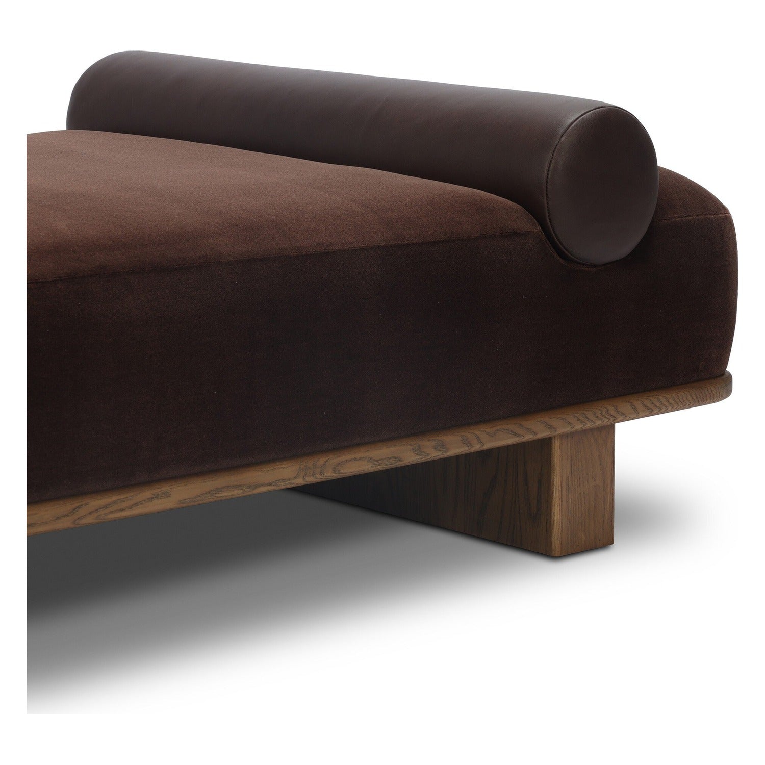 Four Hands Teia Monte Chocolate Chaise with wool-leather mix on drifted ash ski legs, close-up detail of wool fabric, view 1