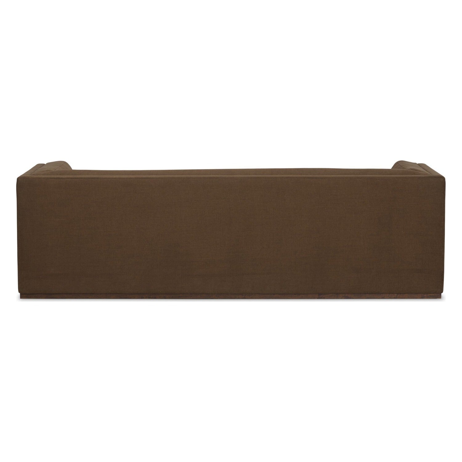 Four Hands Vince Crypton Nomad Mushroom 94in Tuxedo Sofa on wood plinth, back view