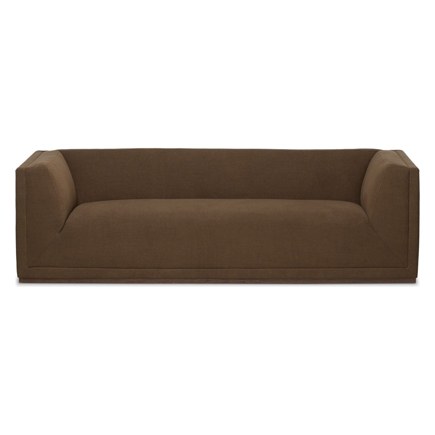 Four Hands Vince Crypton Nomad Mushroom 94in Tuxedo Sofa on wood plinth, front view