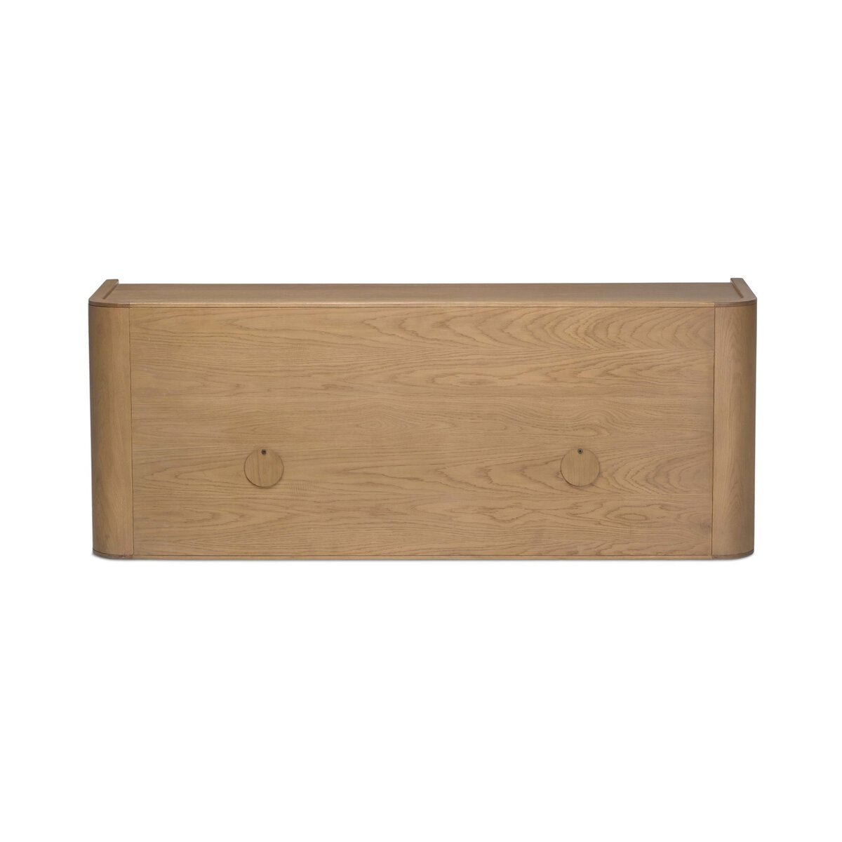Four Hands Kiran Media Console in sandy oak and beige painted linen, back view showing cord cutouts