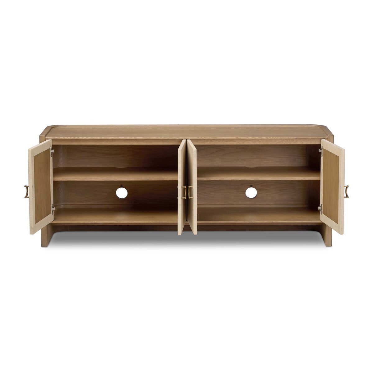 Four Hands Kiran Media Console in sandy oak and beige painted linen, doors open interior view