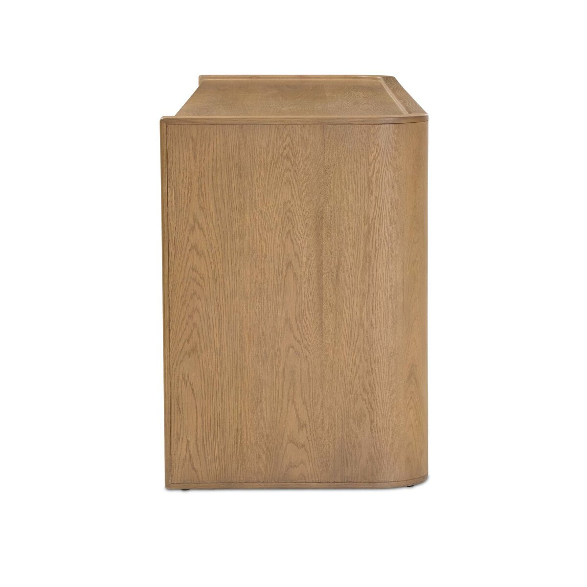 Four Hands Kiran Media Console in sandy oak and beige painted linen, side profile view