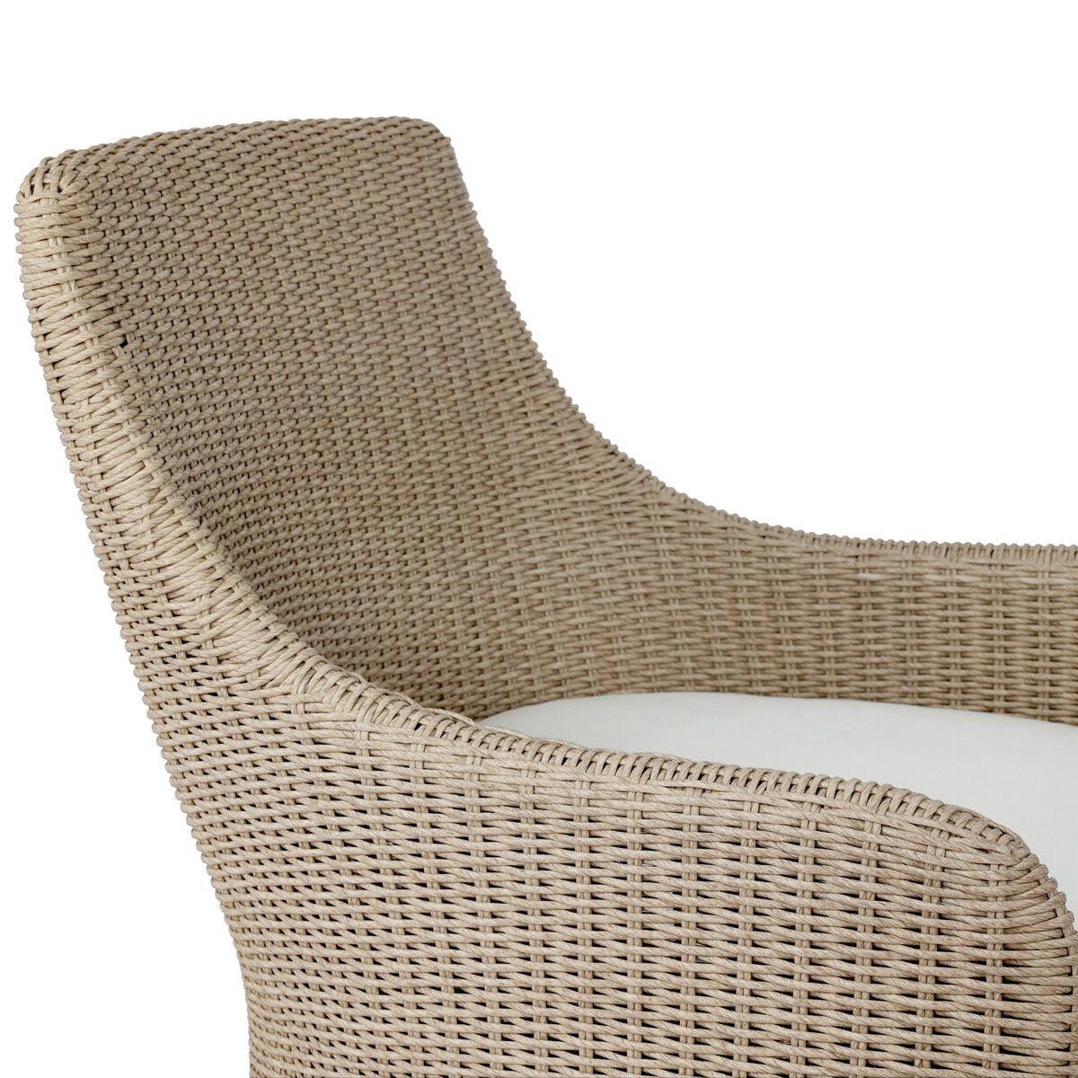 Four Hands Blaire Outdoor Swivel Chair in vintage white woven with salt cushion, close-up detail, view 1