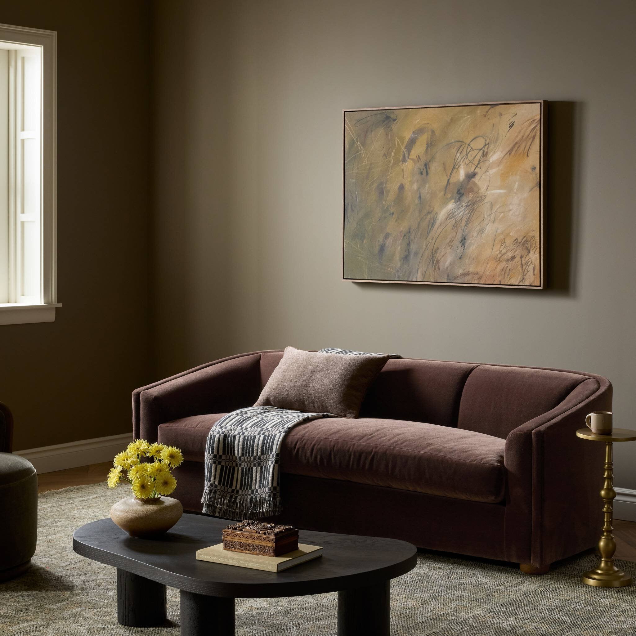 Four Hands Presley Monte Chocolate Sofa - styled room setting
