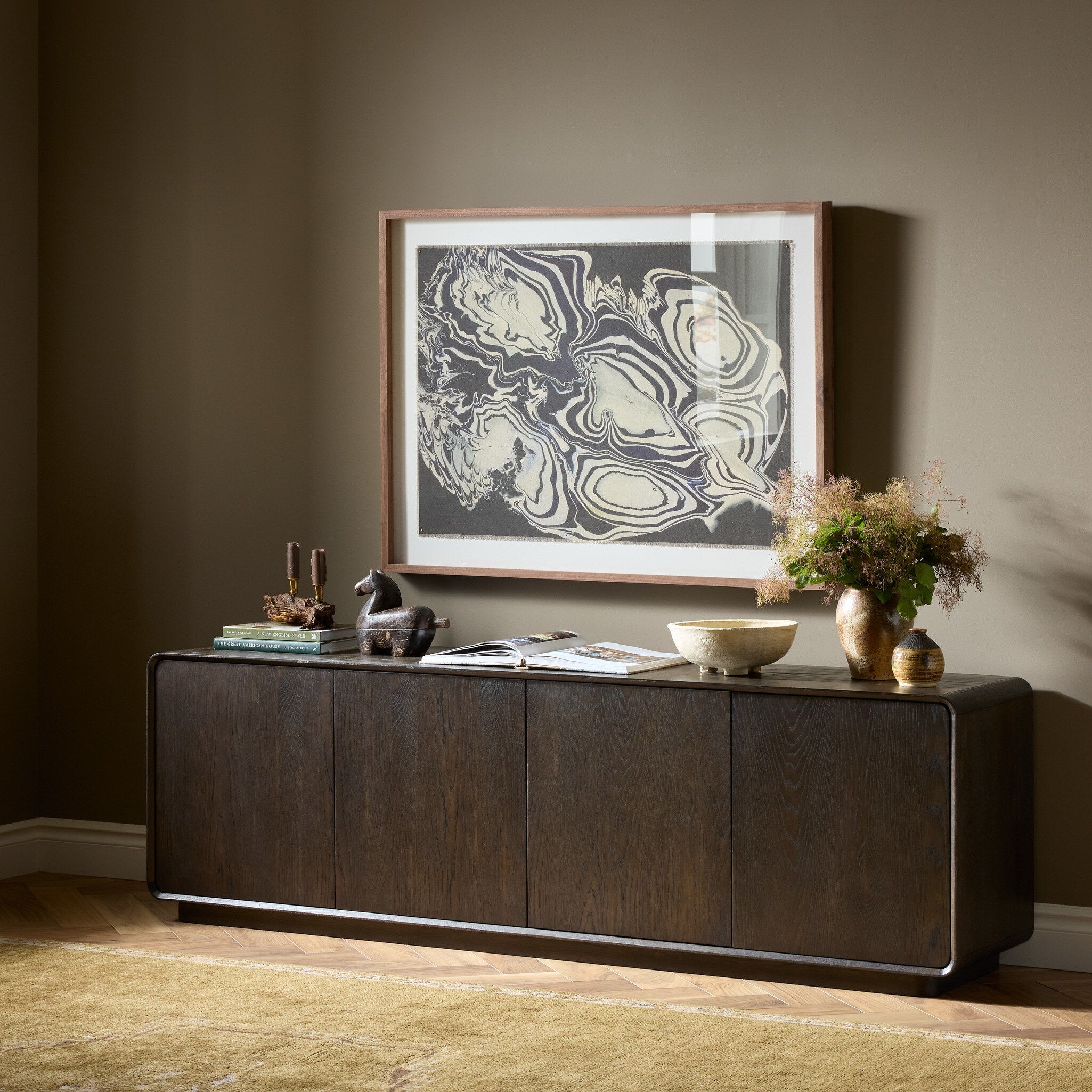 Four Hands Owens Espresso Oak Media Console - styled room setting