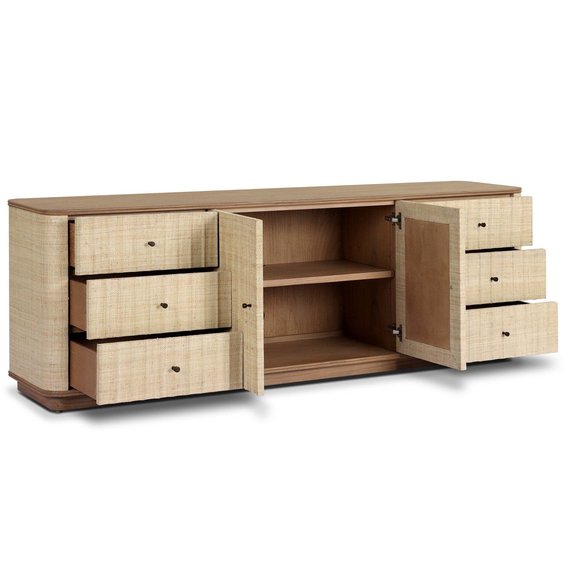 Four Hands Meyer Natural Fleck Raffia Media Console - storage detail