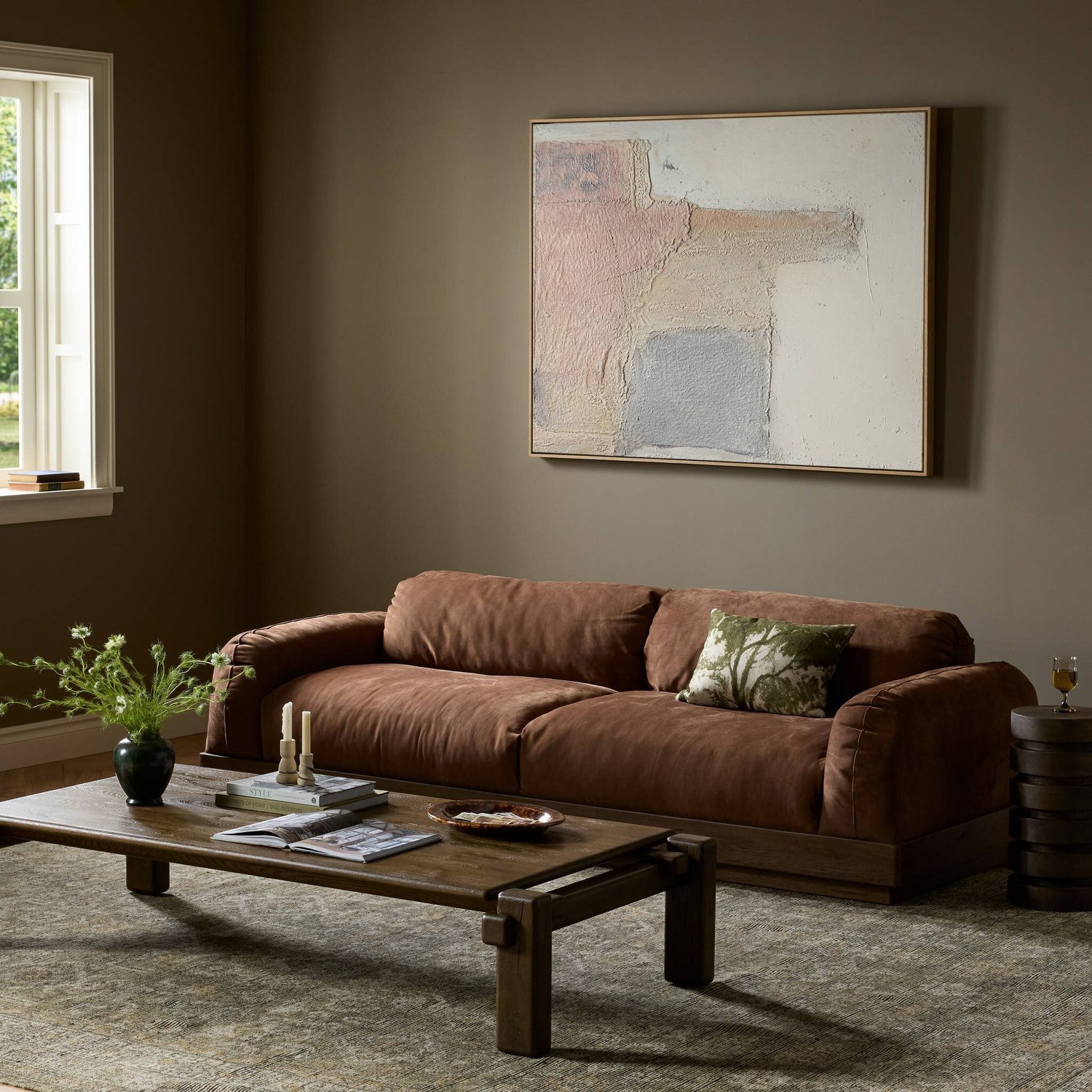 Four Hands Voller Nubuck Tobacco 96in Sofa - styled room setting