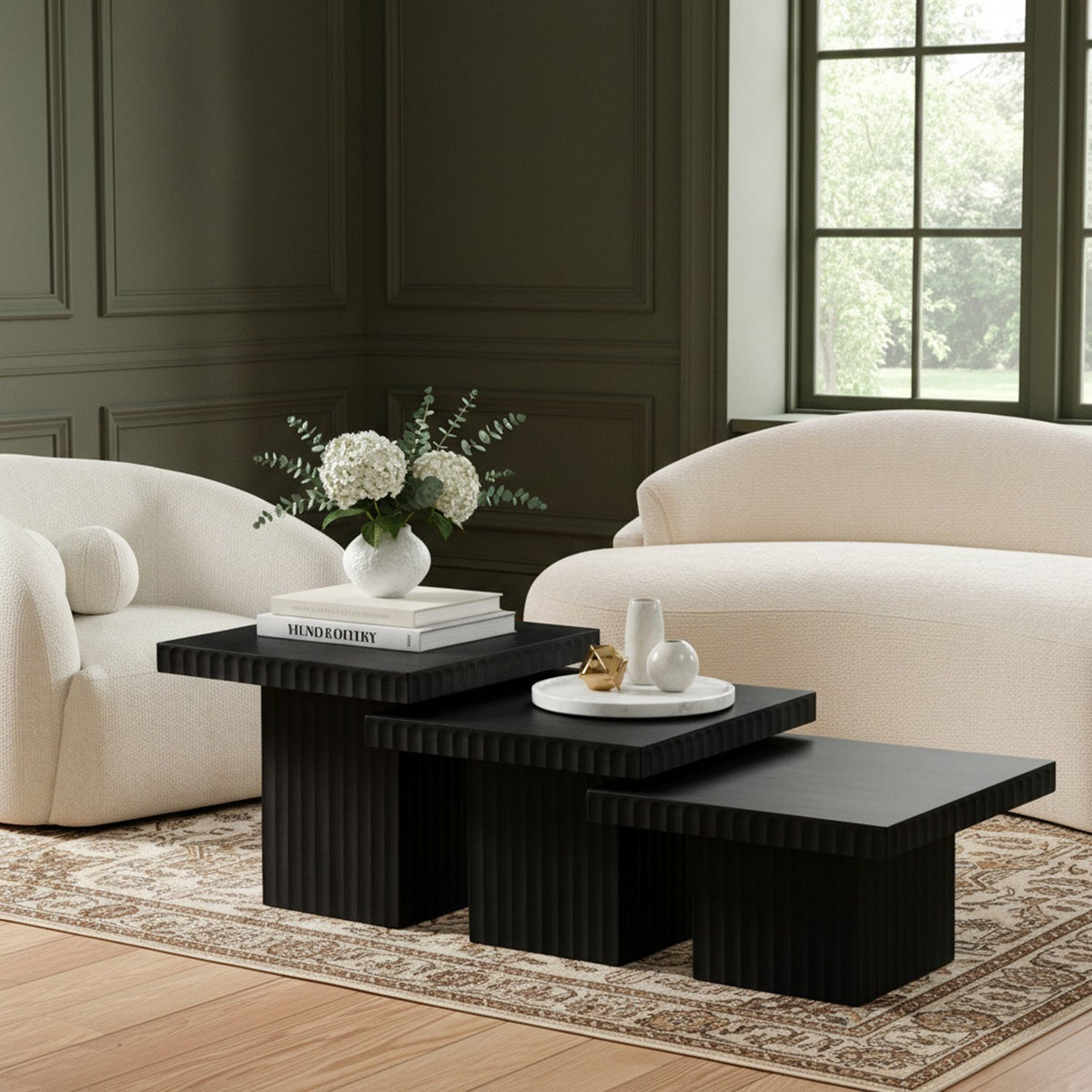Spencer Black Solid Wood And Oak Veneer 3 Piece Coffee Table