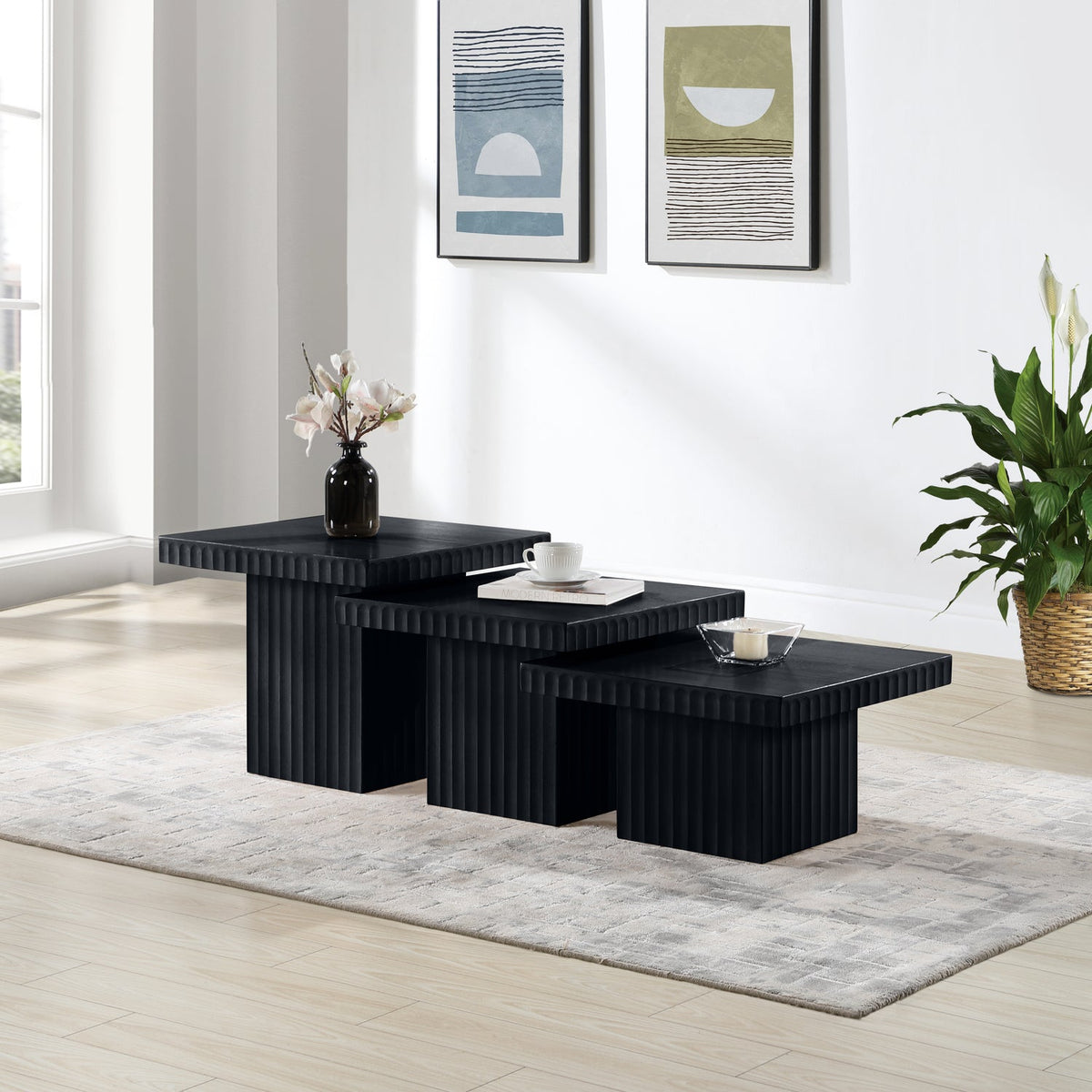 Spencer Black Solid Wood And Oak Veneer 3 Piece Coffee Table